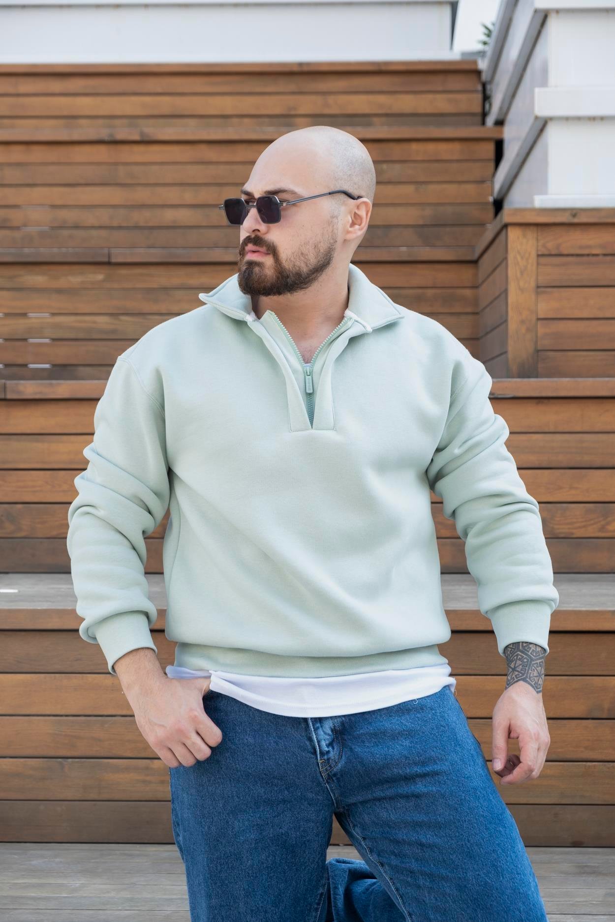 Fermuarlı Oversize Şardonlu Sweatshirt (SVTY21)