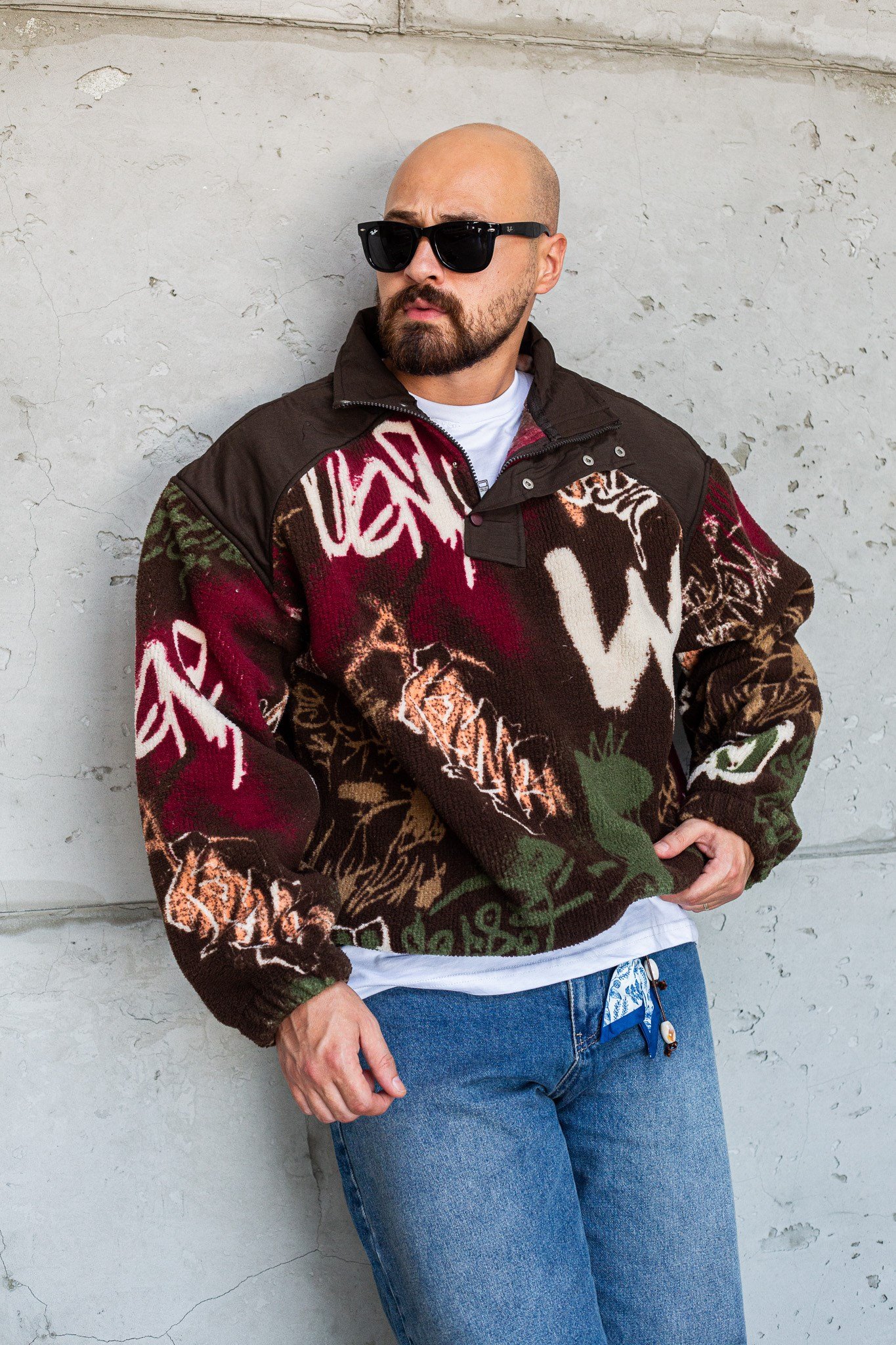 Grafiti Desenli Yarım Fermuarlı Erkek Peluş Sweatshirt (SVTS99)