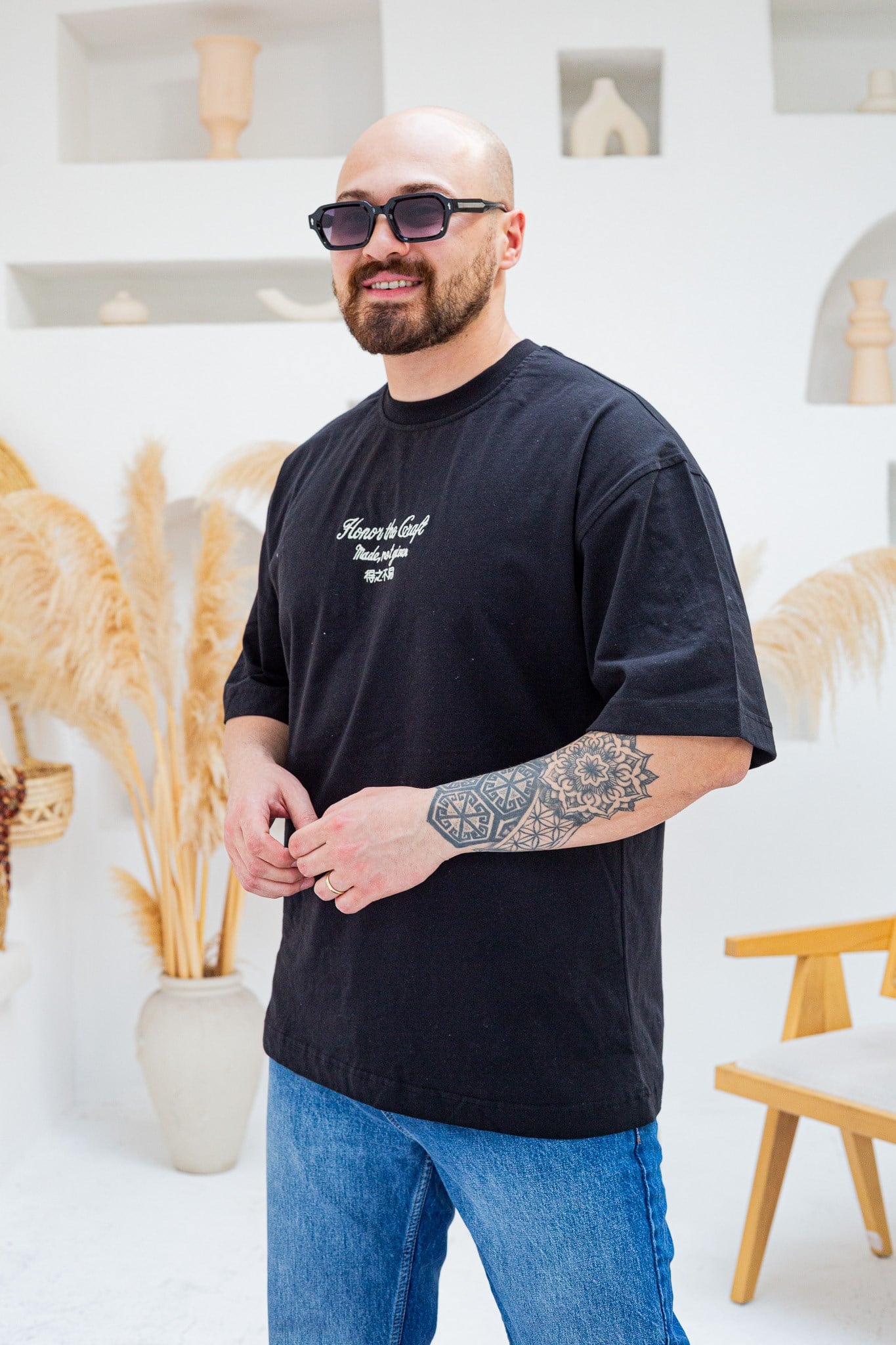 Honor The Craft Nakış Detaylı Oversize Siyah T-Shirt (TSS88)
