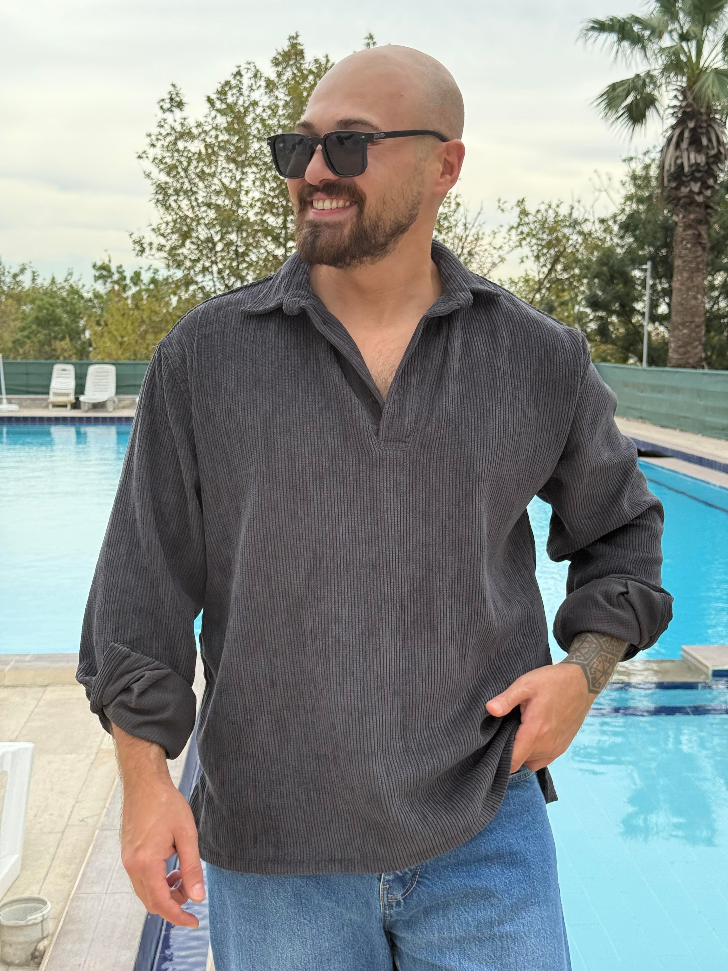Kadife Polo Yaka Oversize Sweatshirt (SVTA46)