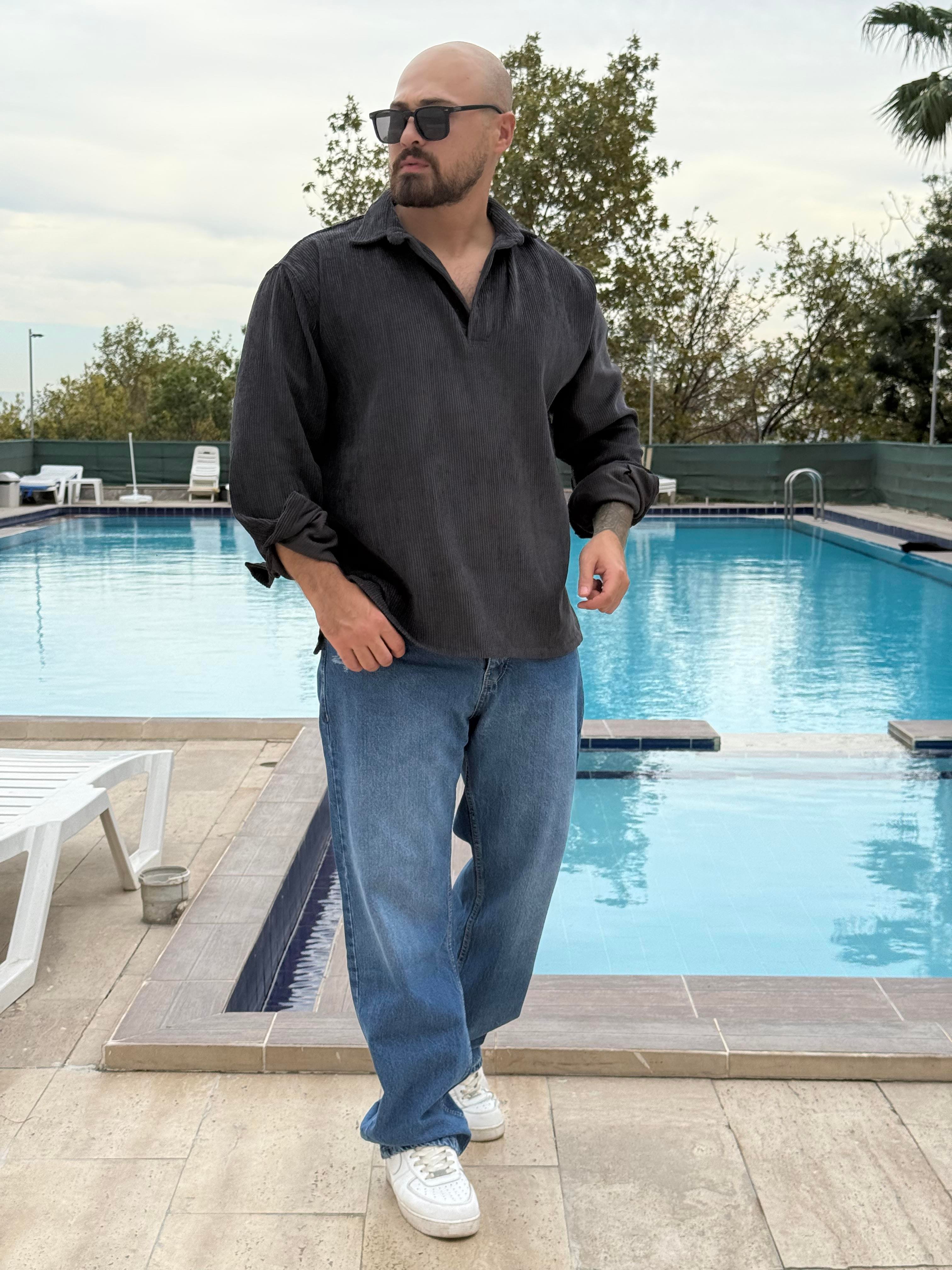 Kadife Polo Yaka Oversize Sweatshirt (SVTA46)