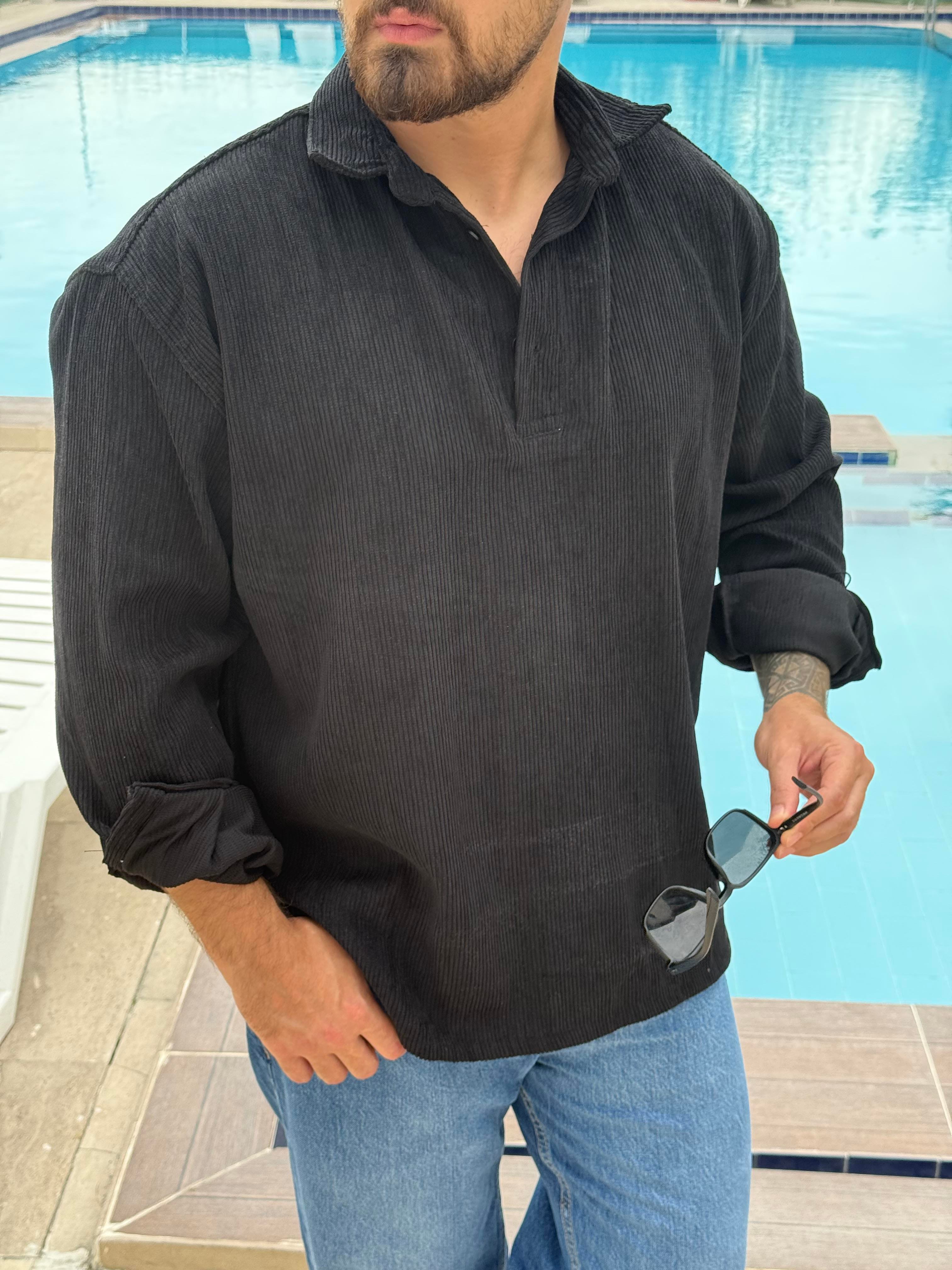 Kadife Polo Yaka Oversize Sweatshirt (SVTS46)