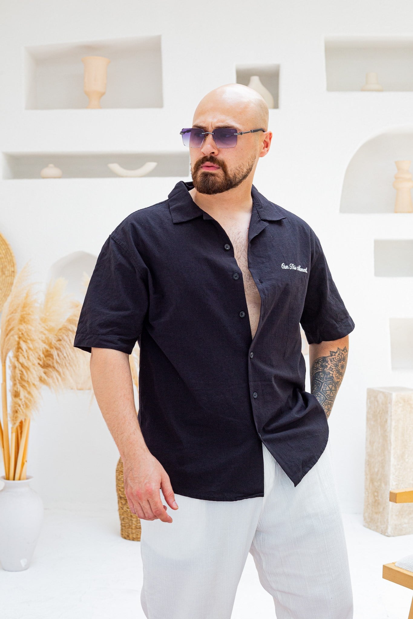 Keten Kumaş Göğüs ve Omuz Nakış Detaylı Oversize Gömlek (GMS138)