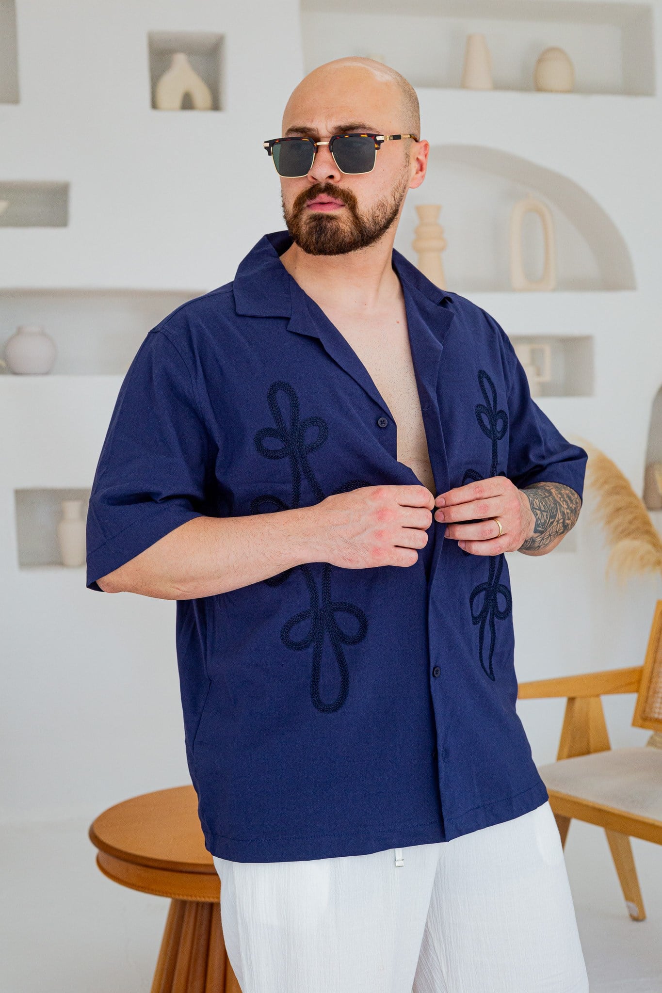 Keten Kumaş Küba Yaka Nakış İşlemeli Oversize Gömlek(GML133)