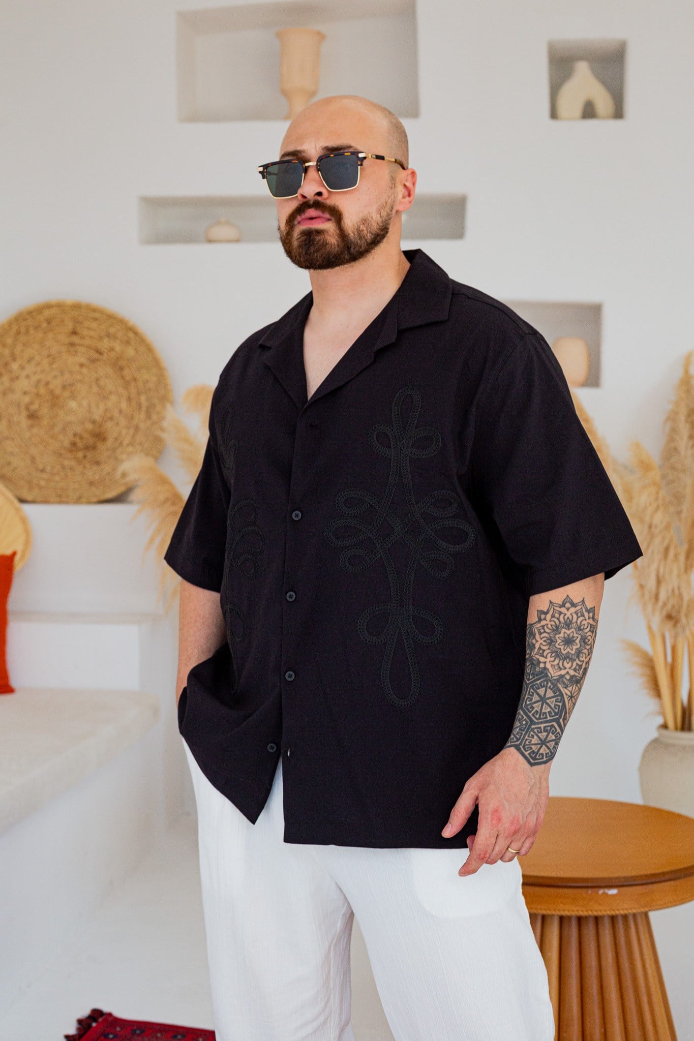Keten Kumaş Küba Yaka Nakış İşlemeli Oversize Gömlek(GMS133)