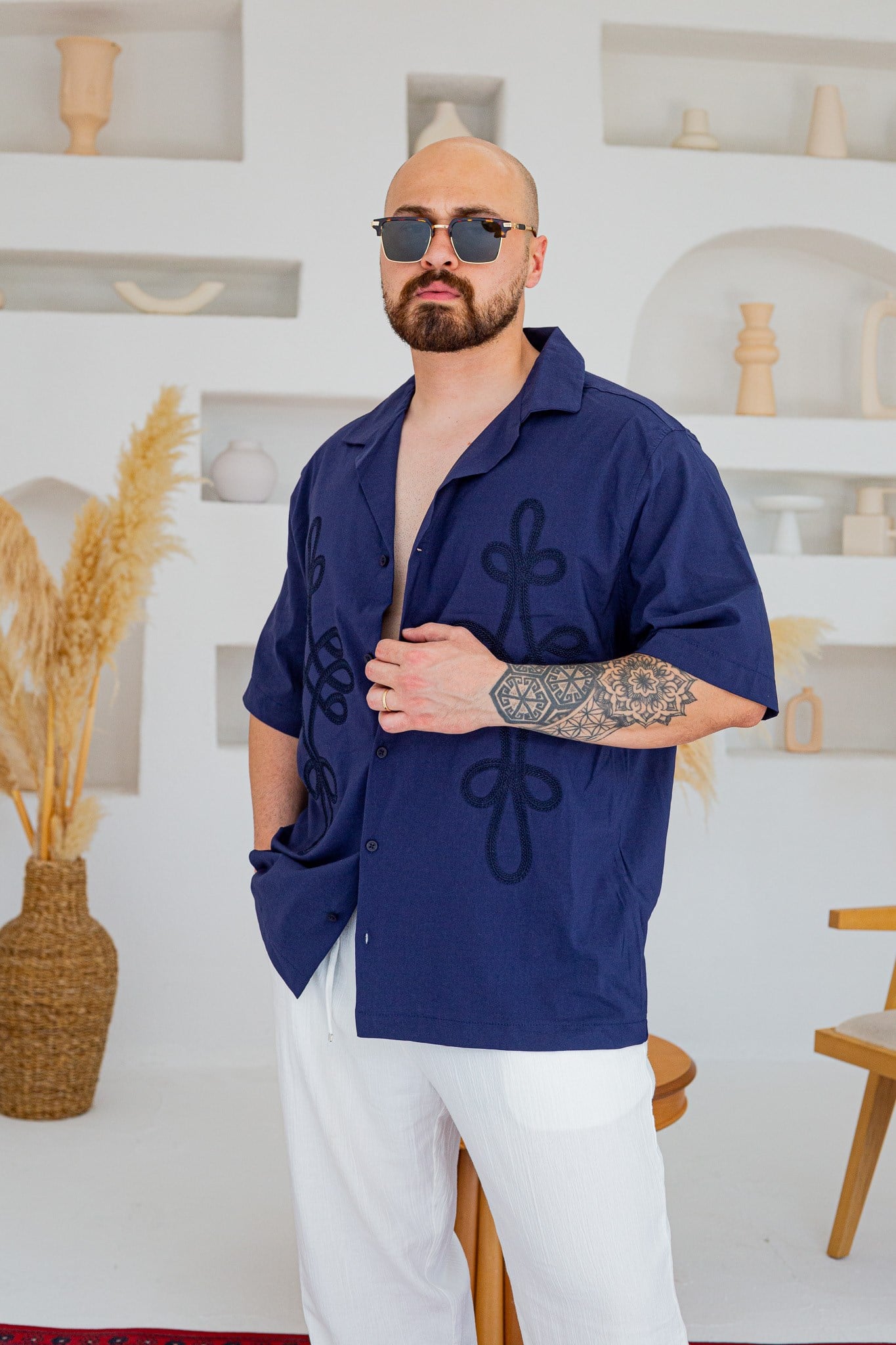 Keten Kumaş Küba Yaka Nakış İşlemeli Oversize Gömlek(GML133)