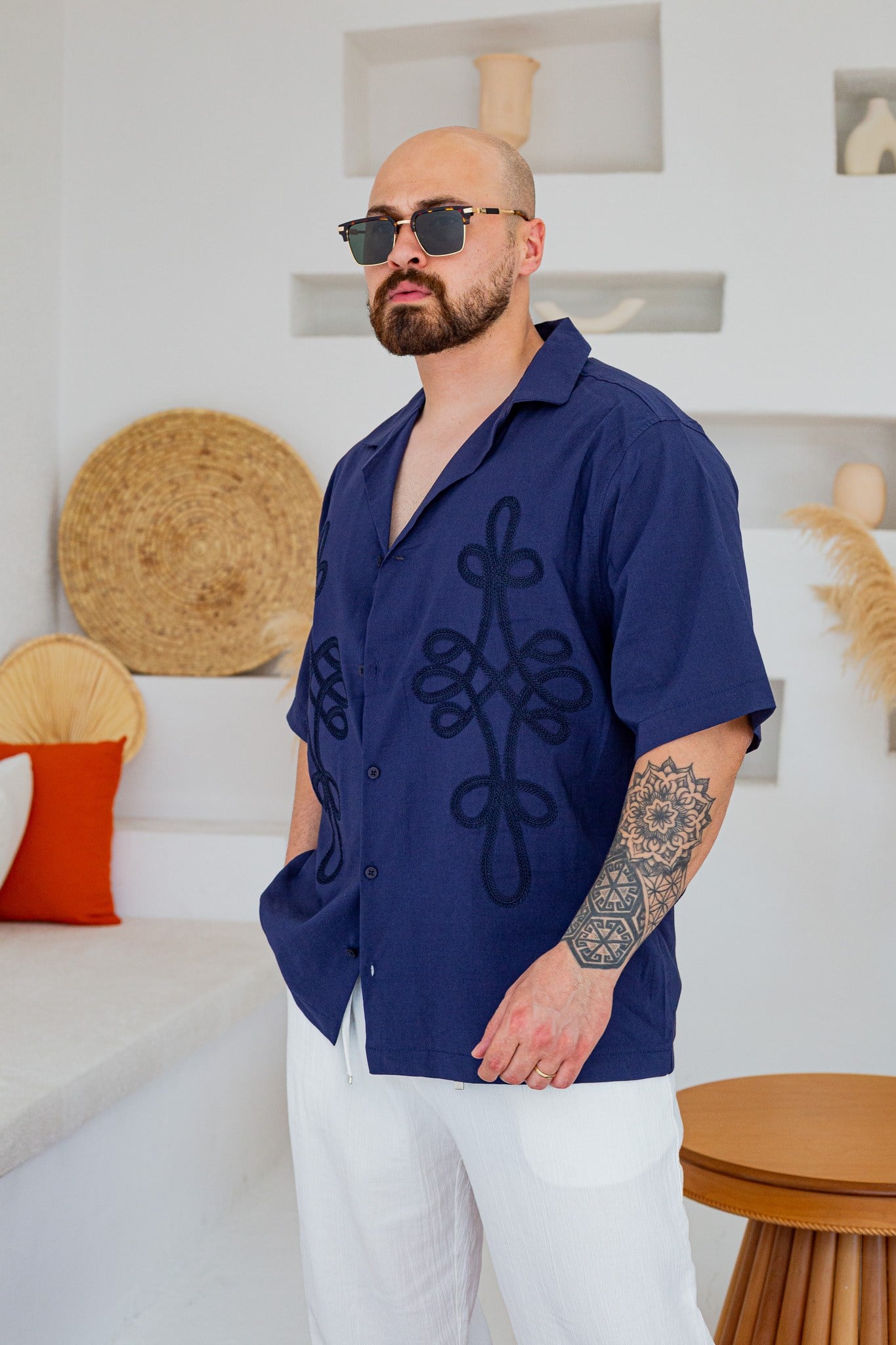 Keten Kumaş Küba Yaka Nakış İşlemeli Oversize Gömlek(GML133)