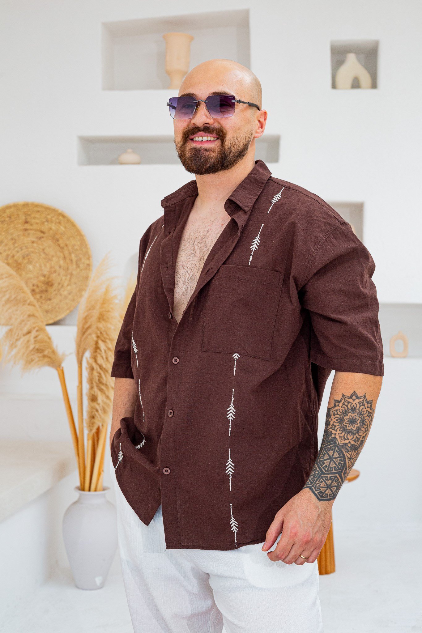 Keten Kumaş Nakış Detaylı Oversize Gömlek (GMKA137)