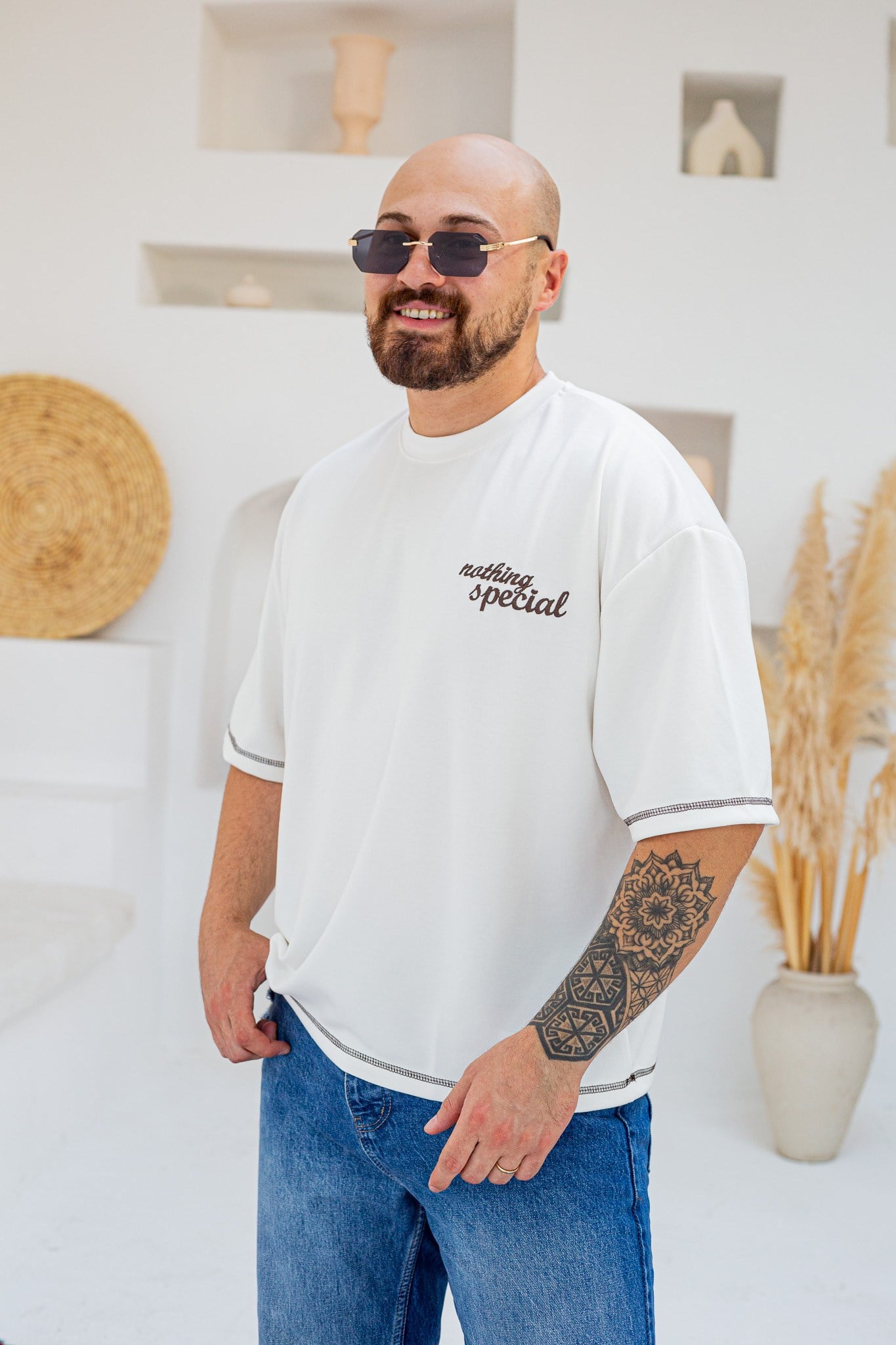 Kontrast Dikiş Detaylı Oysho Kumaş Nakışlı Oversize T-Shirt (TSB102)