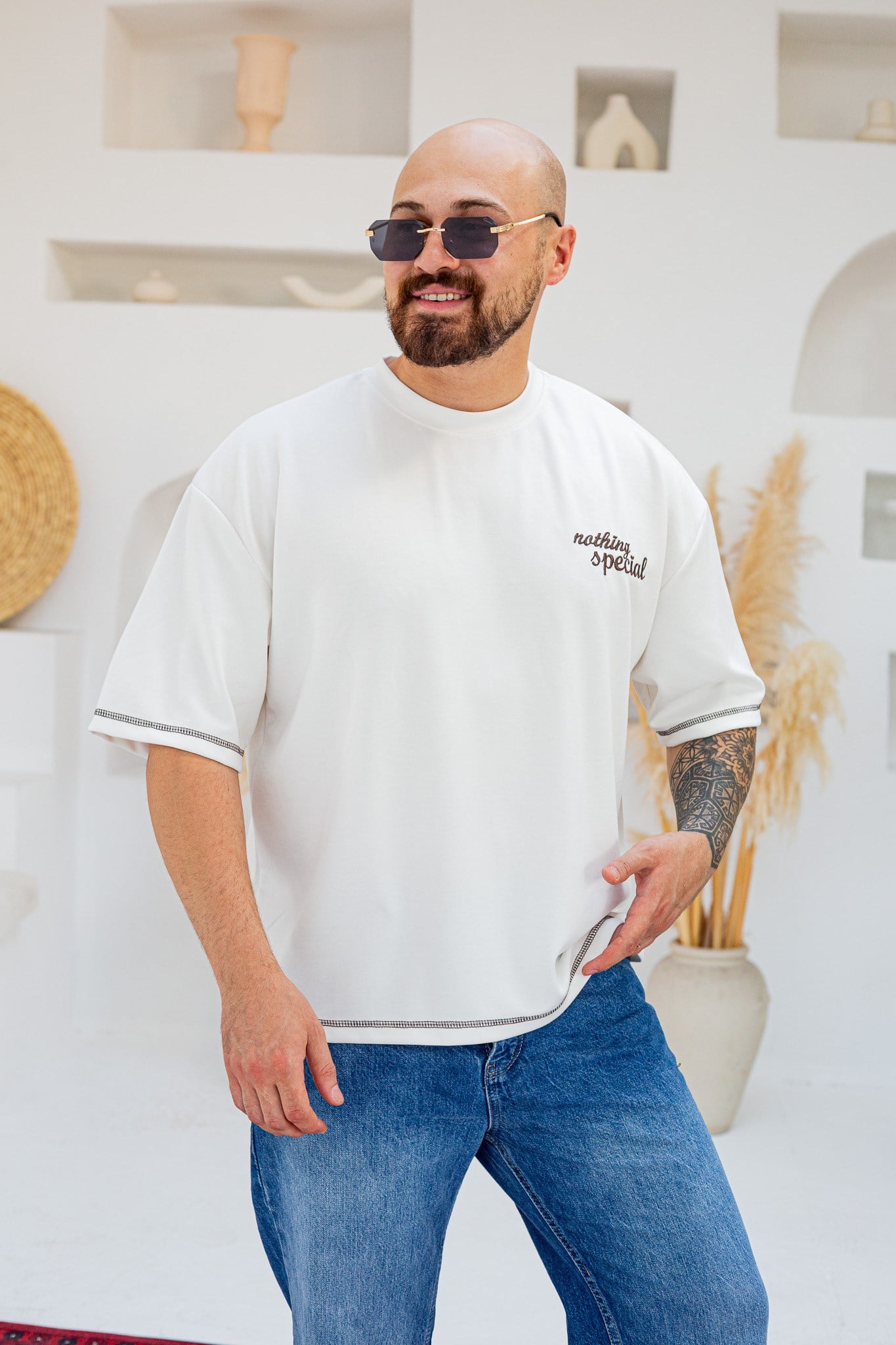 Kontrast Dikiş Detaylı Oysho Kumaş Nakışlı Oversize T-Shirt (TSB102)