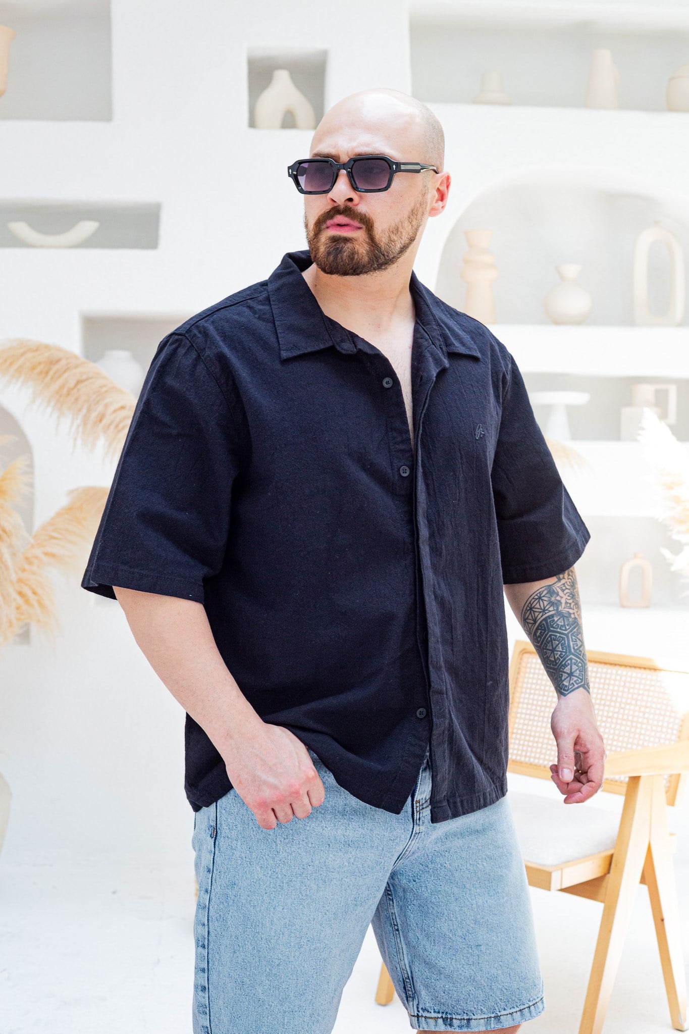 Nakış Detaylı Keten Oversize Gömlek (GMS131)