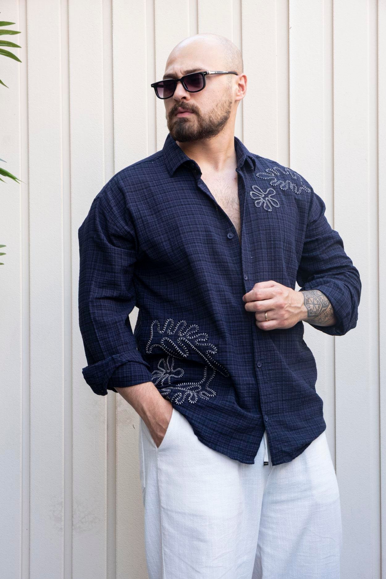 Nakış Detaylı Rahat Kalıp %100 Pamuk Gömlek (GML37)