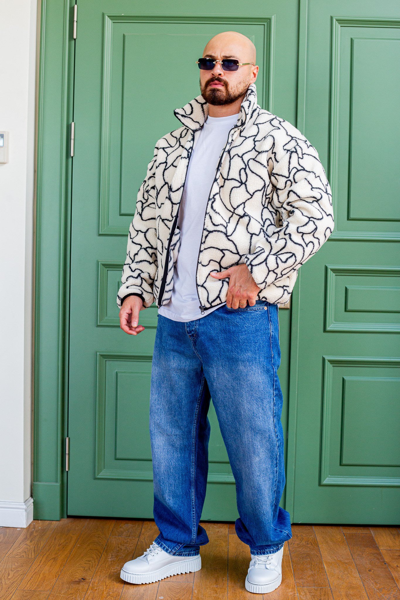 Oversize Fermuarlı Çizgi Desenli Peluş Ceket (MEVB78)