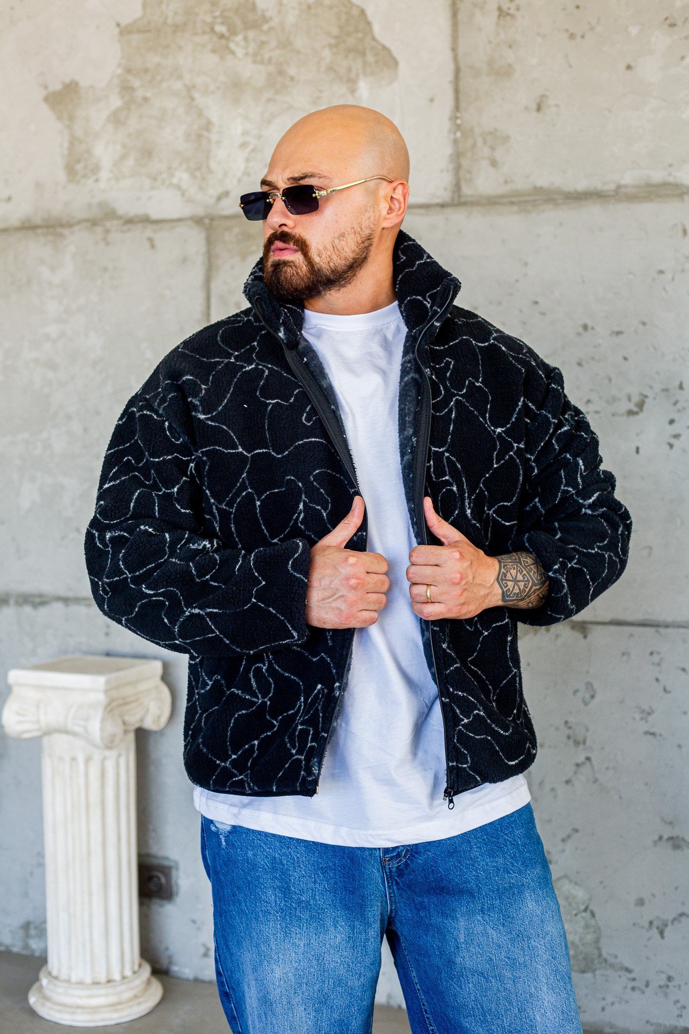 Oversize Fermuarlı Çizgi Desenli Peluş Ceket (MEVB78)