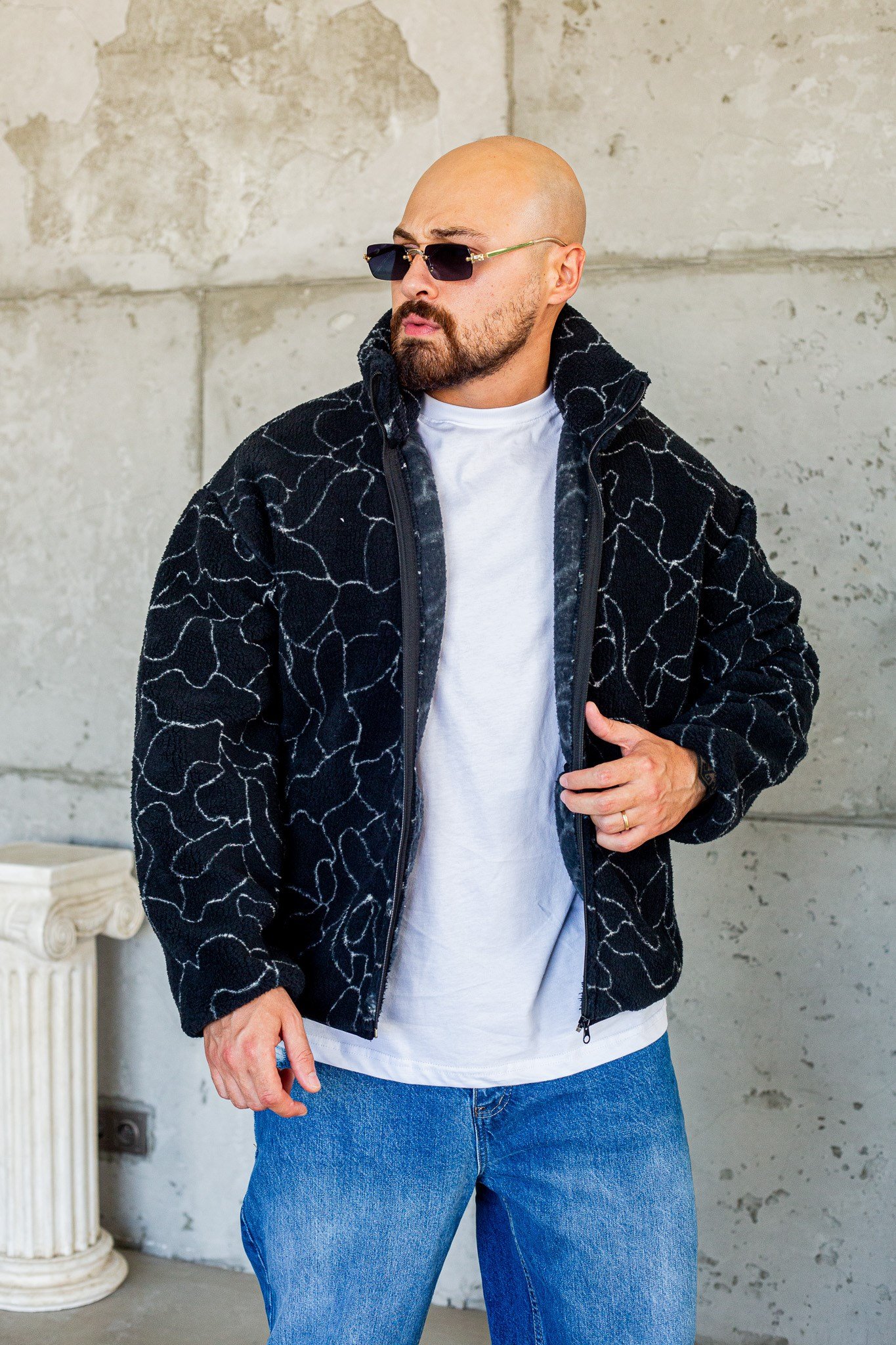 Oversize Fermuarlı Çizgi Desenli Peluş Ceket (MEVB78)