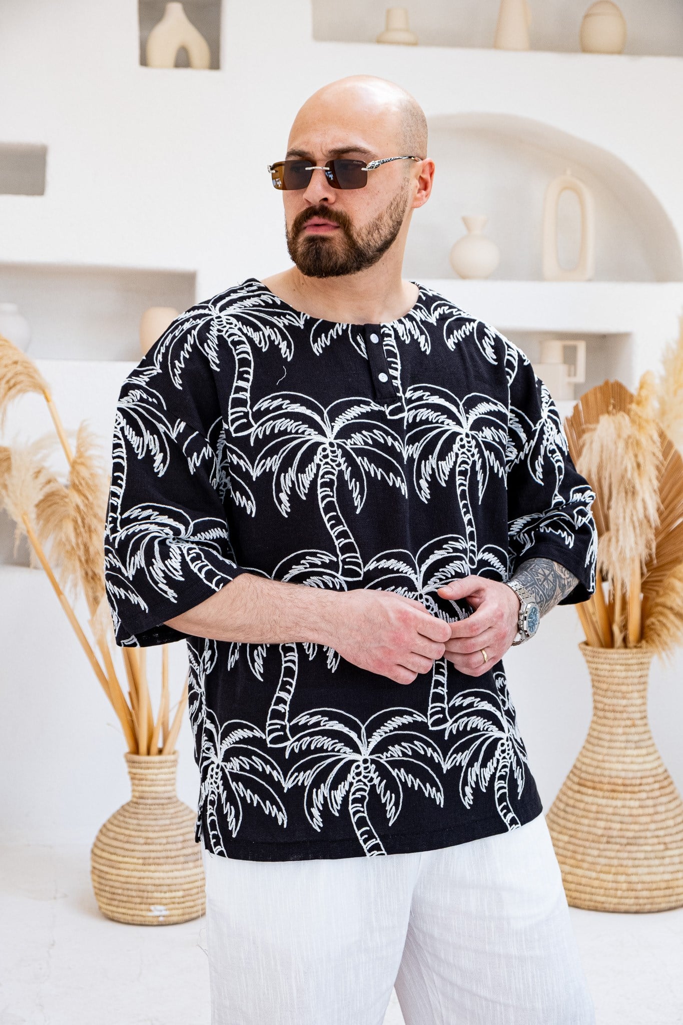 Palmiye Nakışlı Keten Kumaş Oversize Yarım Patlı T-Shirt (TSS82)