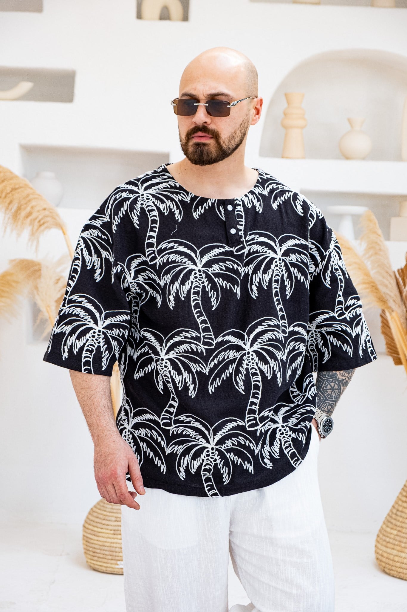 Palmiye Nakışlı Keten Kumaş Oversize Yarım Patlı T-Shirt (TSS82)