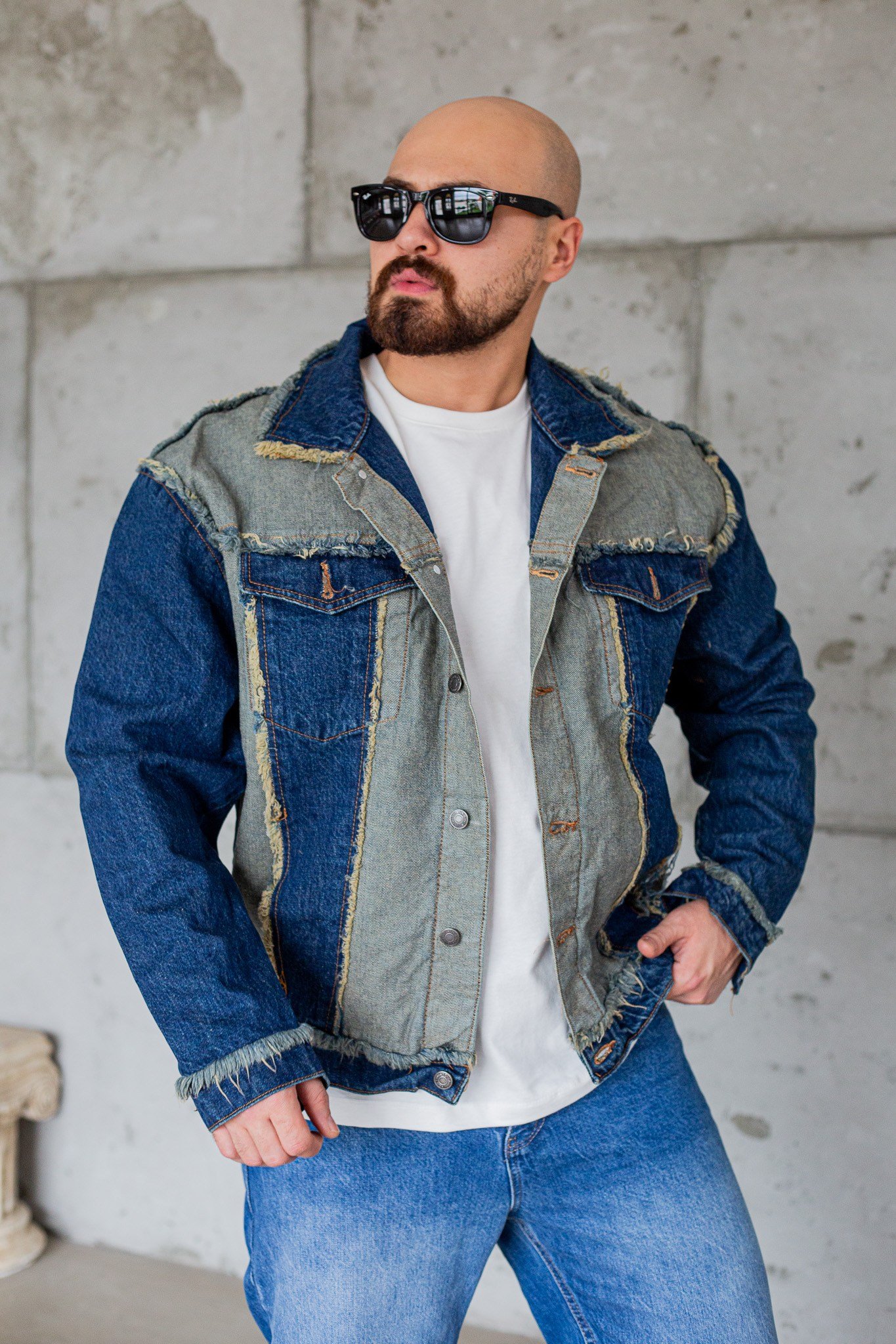 Püskül Detaylı Patchwork Oversize Erkek Kot Ceket (MEVG103)