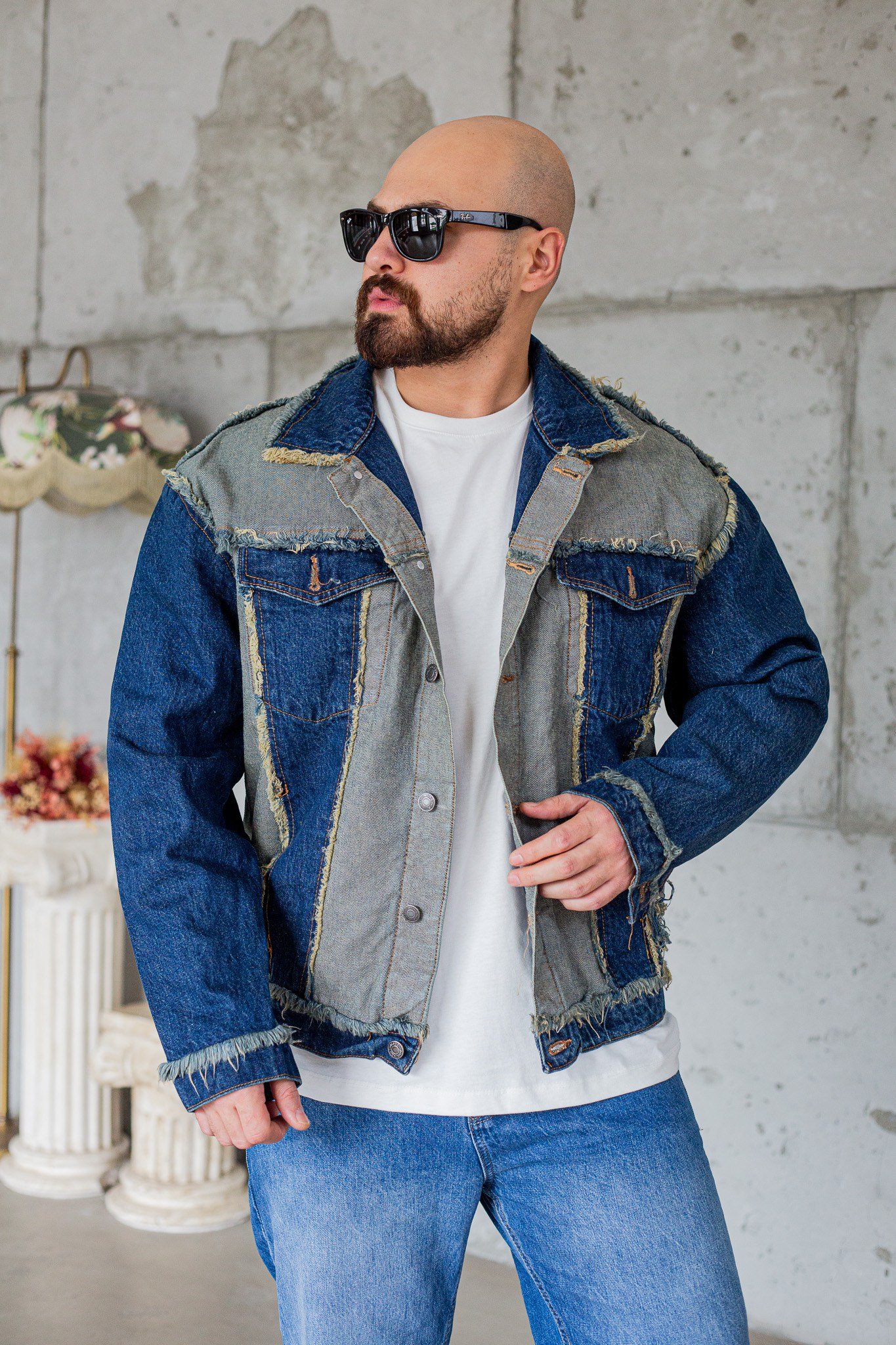 Püskül Detaylı Patchwork Oversize Erkek Kot Ceket (MEVG103)