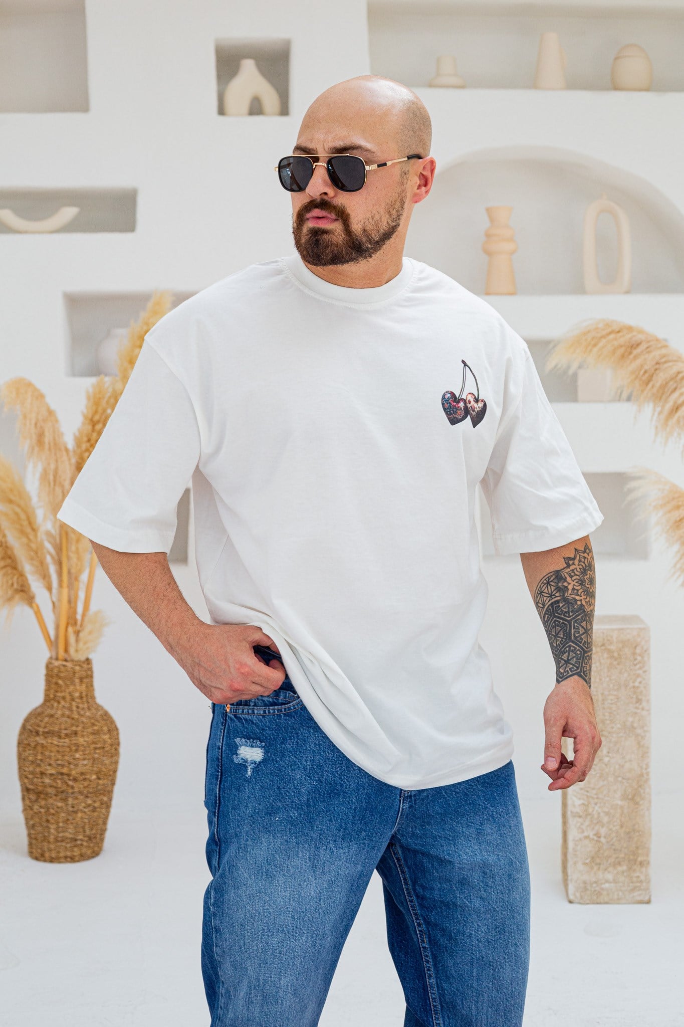 Rare Harvest Kalp Kiraz Baskılı Oversize T-Shirt (TSB100)