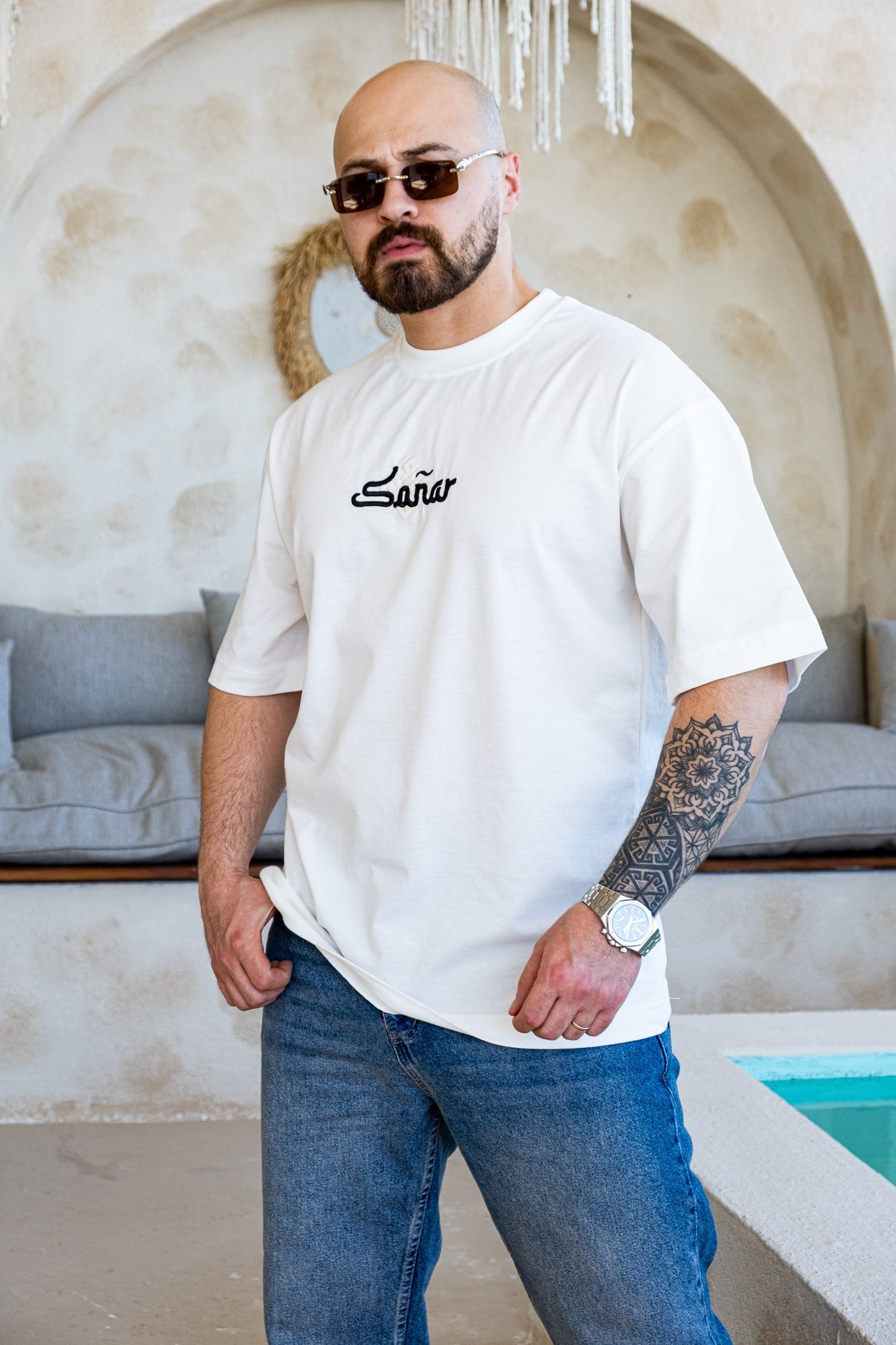 Sañar Etnik Nakışlı ve Dantel Yamalı Oversize T-Shirt (TSB81)