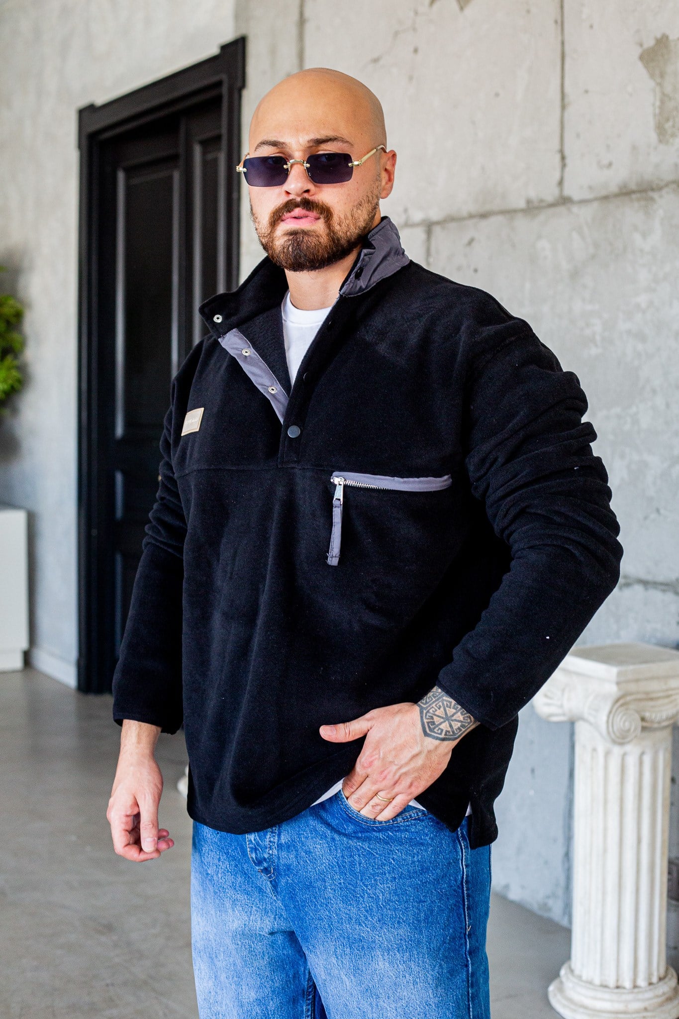 Siyah Dik Yaka Çıtçıtlı Erkek Polar Sweatshirt (SVTS100)