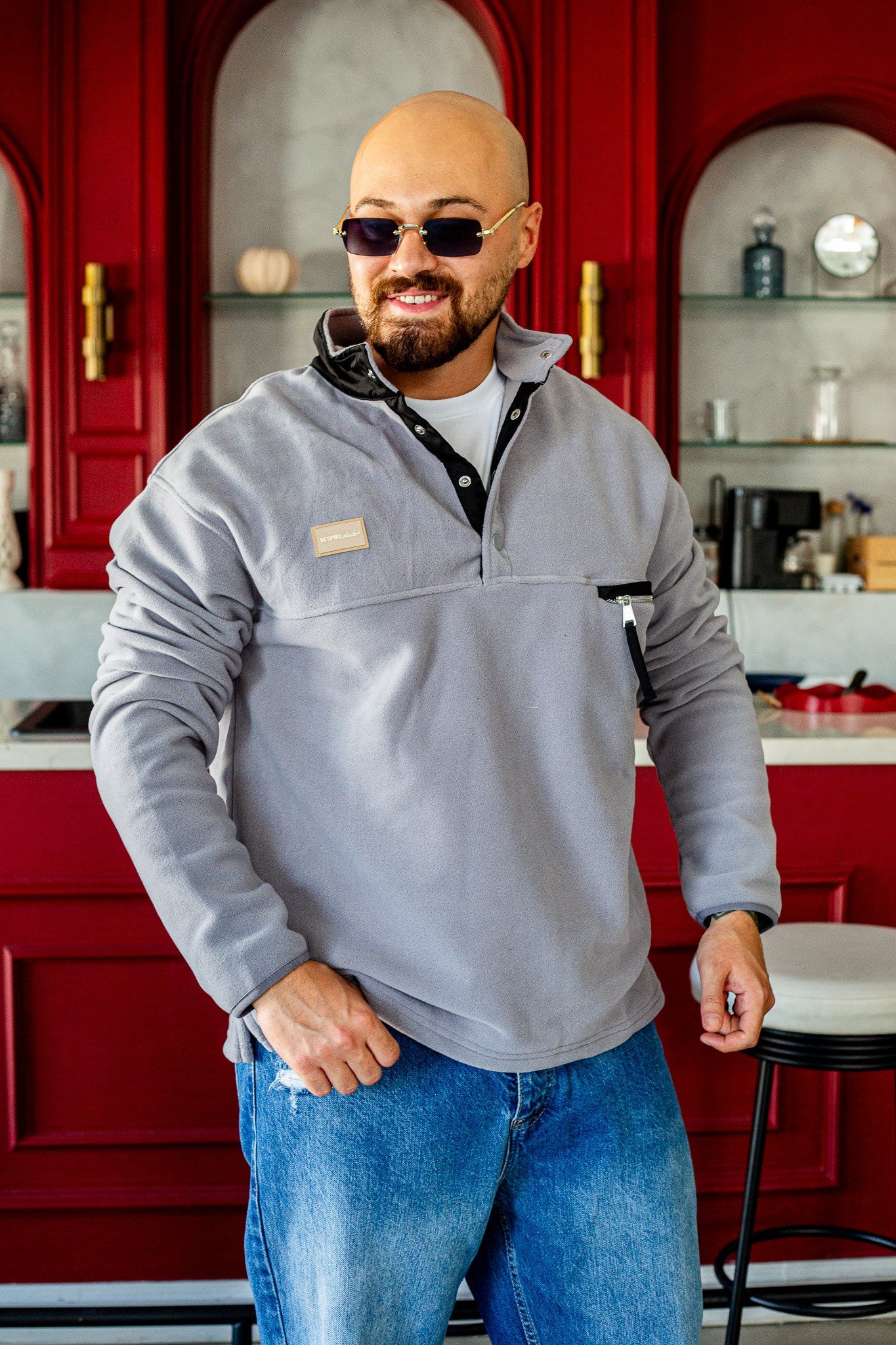 Siyah Dik Yaka Çıtçıtlı Erkek Polar Sweatshirt (SVTG100)