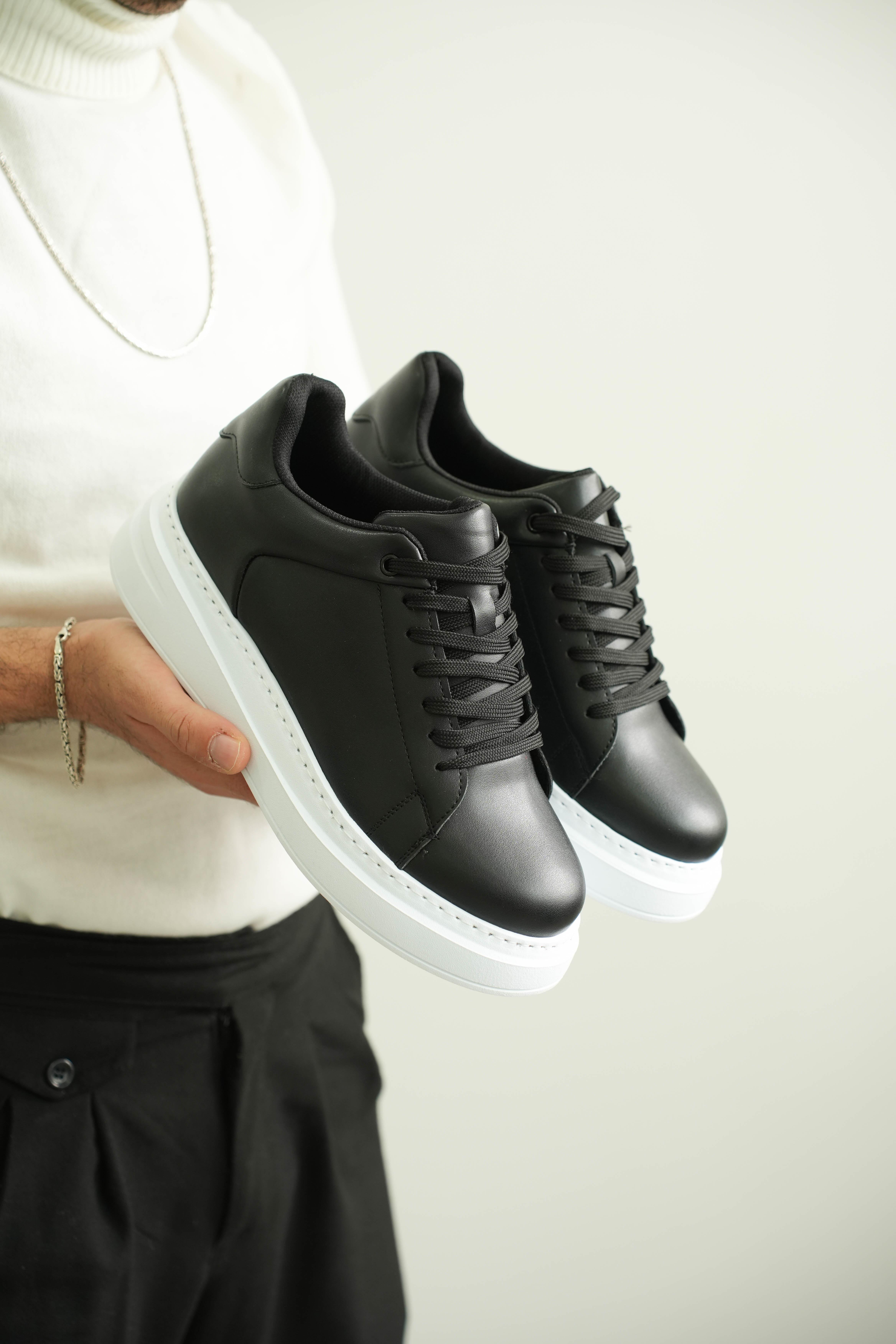 Siyah Kalın Taban Deri Erkek Sneaker (AYKS05)