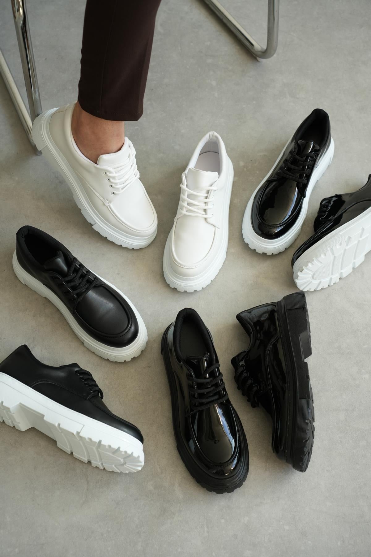 Siyah Premium Deri Kalın Beyaz Taban Erkek Sneaker (AYKS03)