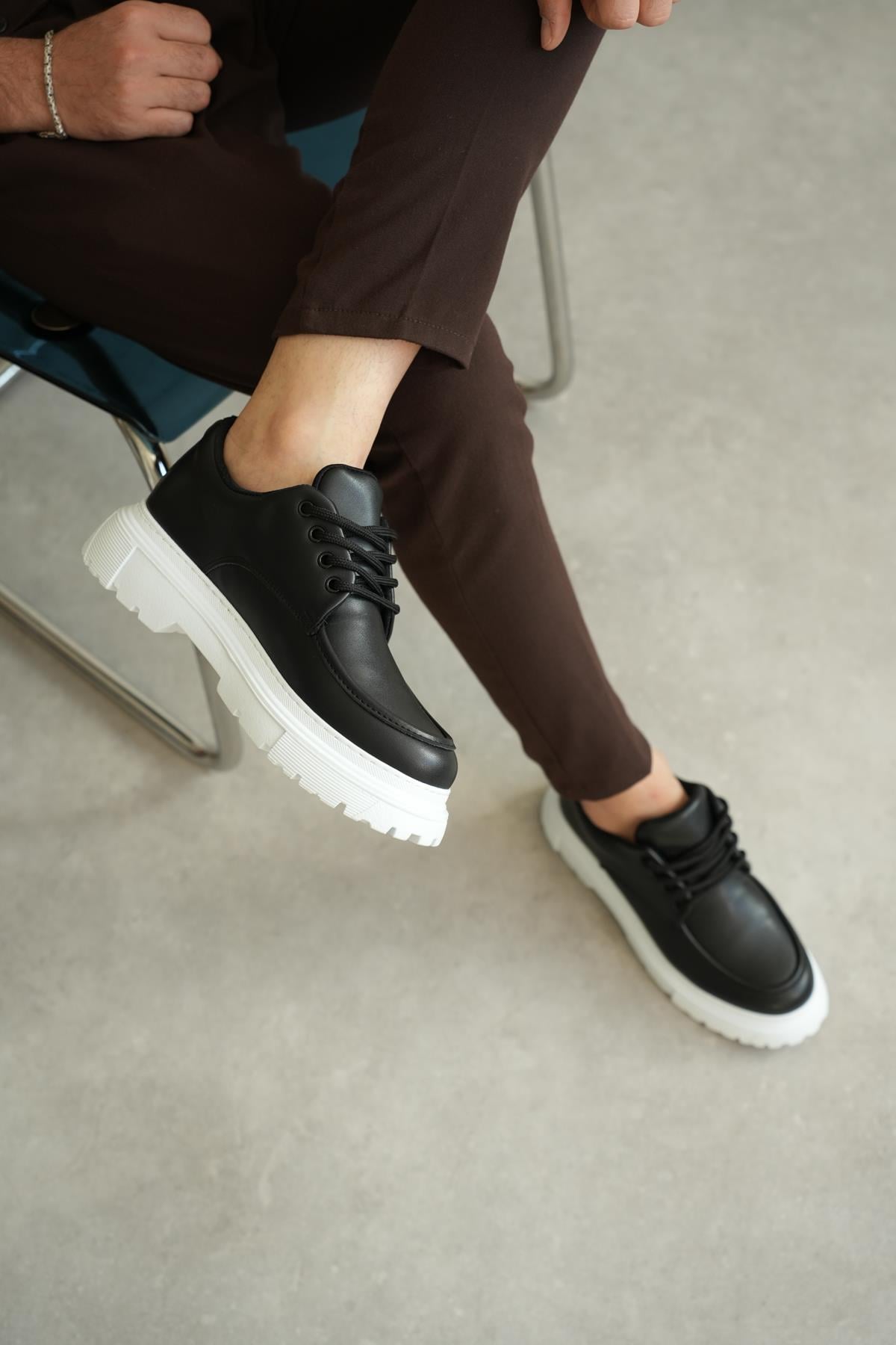 Siyah Premium Deri Kalın Beyaz Taban Erkek Sneaker (AYKS03)