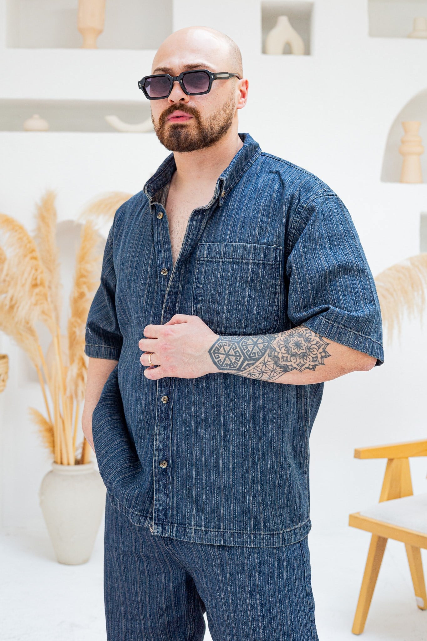 Tasarım Denim Gömlek ve Şort Alt Üst Takım (TK47)