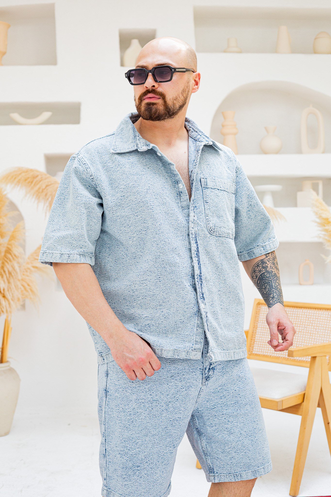 Tasarım Denim Gömlek ve Şort Alt Üst Takım (TK50)