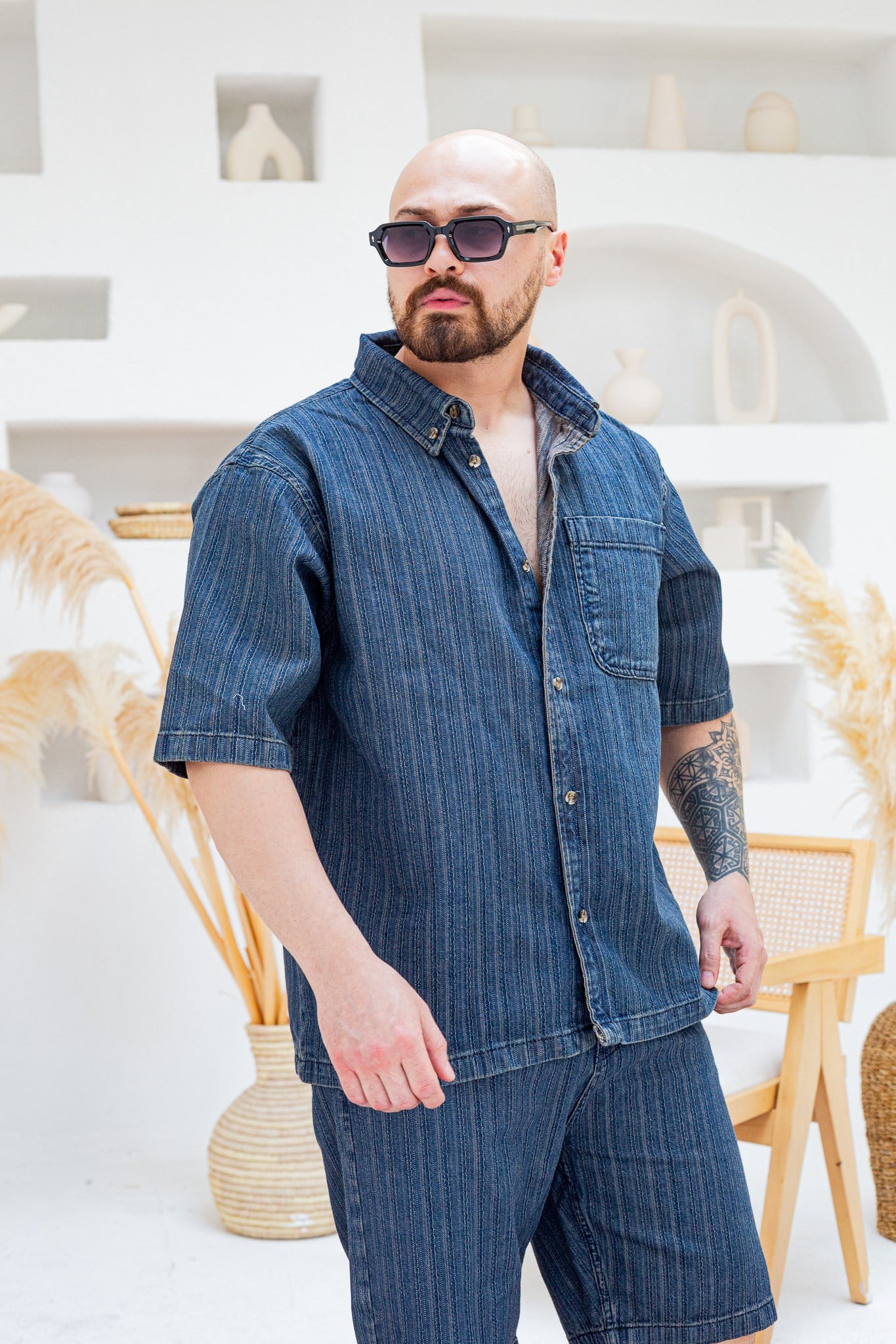 Tasarım Denim Gömlek ve Şort Alt Üst Takım (TK47)