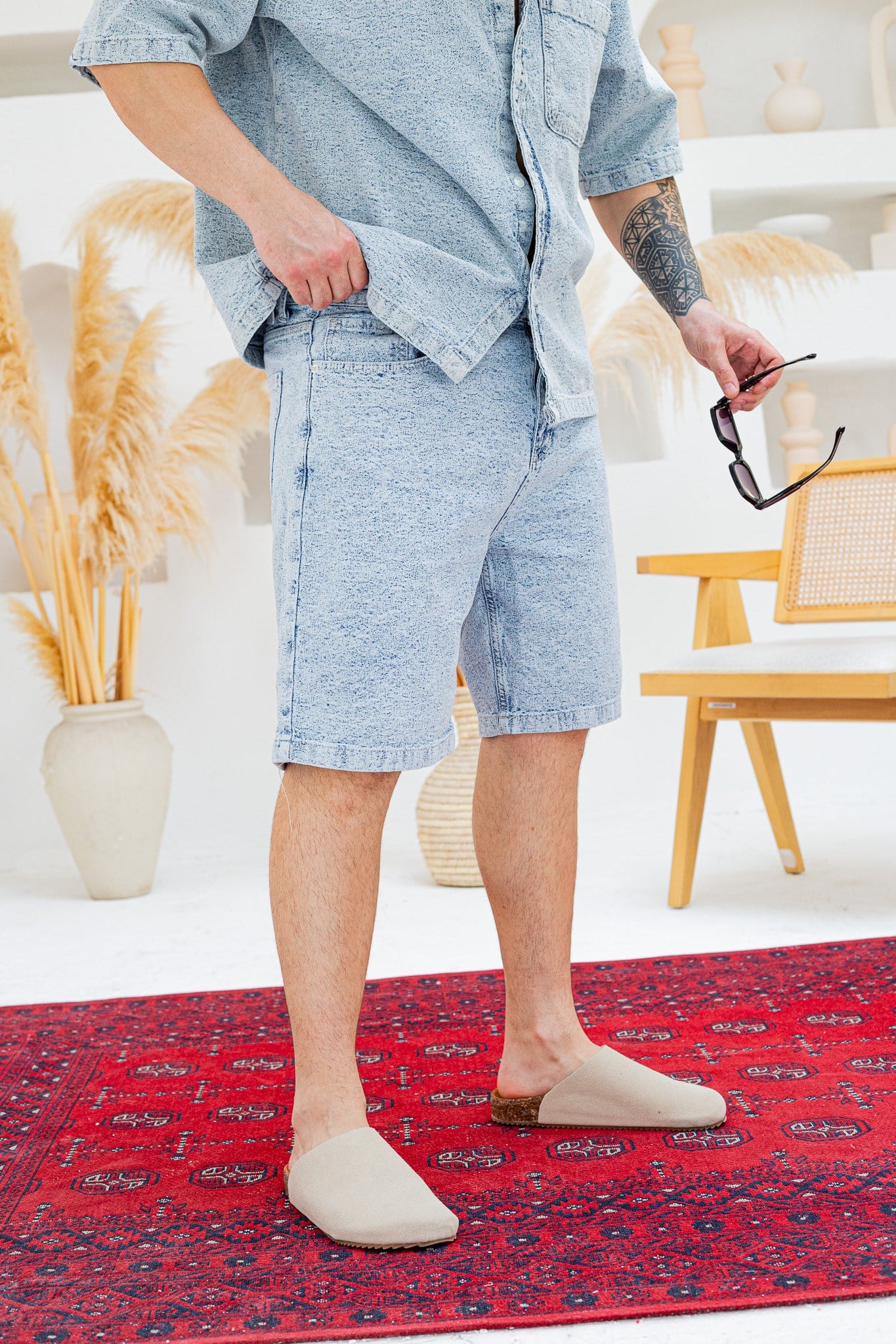 Tasarım Denim Gömlek ve Şort Alt Üst Takım (TK50)