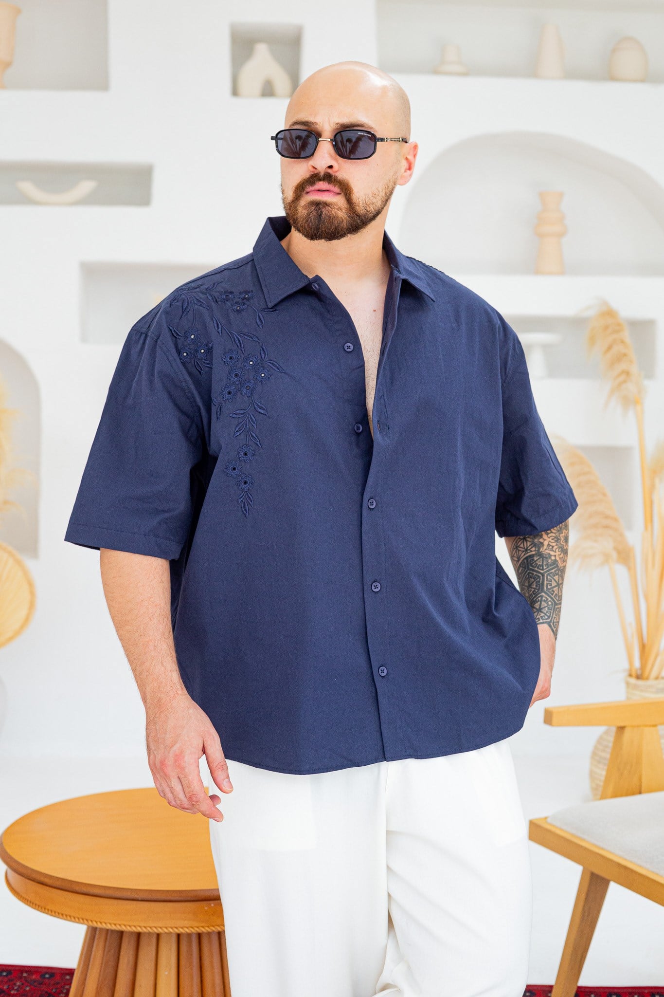 Tek Omuz Çiçek Nakış Detaylı Oversize Gömlek (GML142)