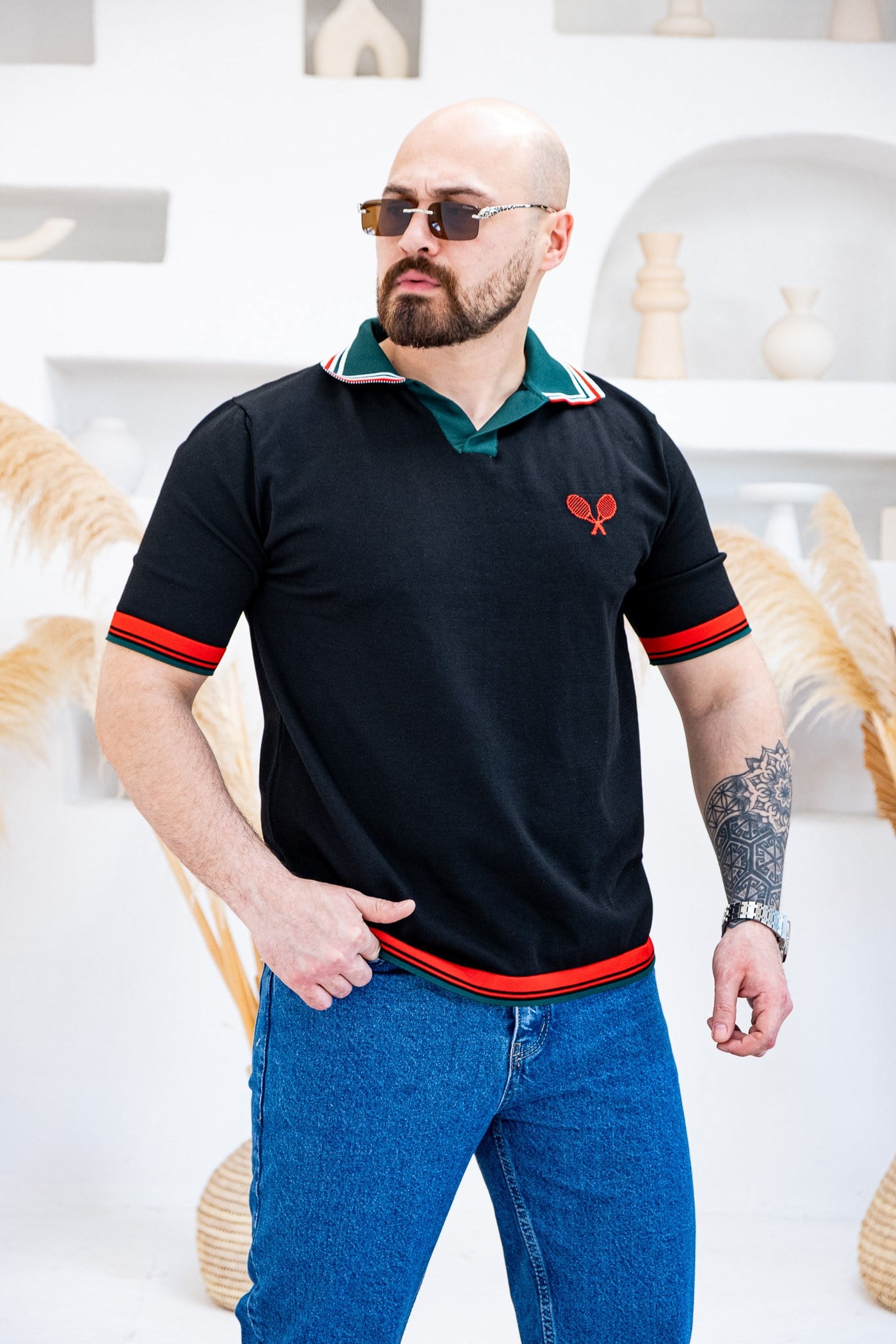 Tenis Raketi Nakışlı Retro Çizgili Polo Yaka T-Shirt (TSS83)