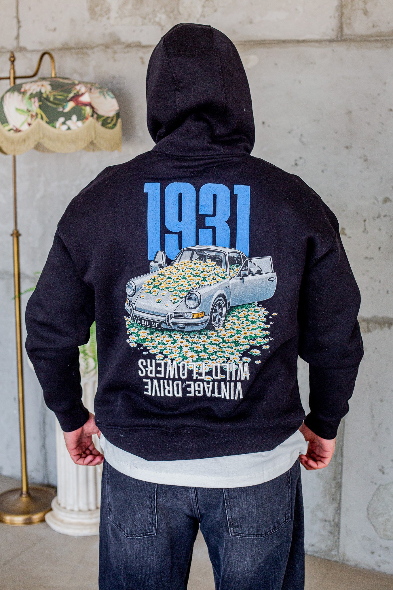 Vintage Araba Baskılı Oversize Kapüşonlu Sweatshirt (SVTS113)