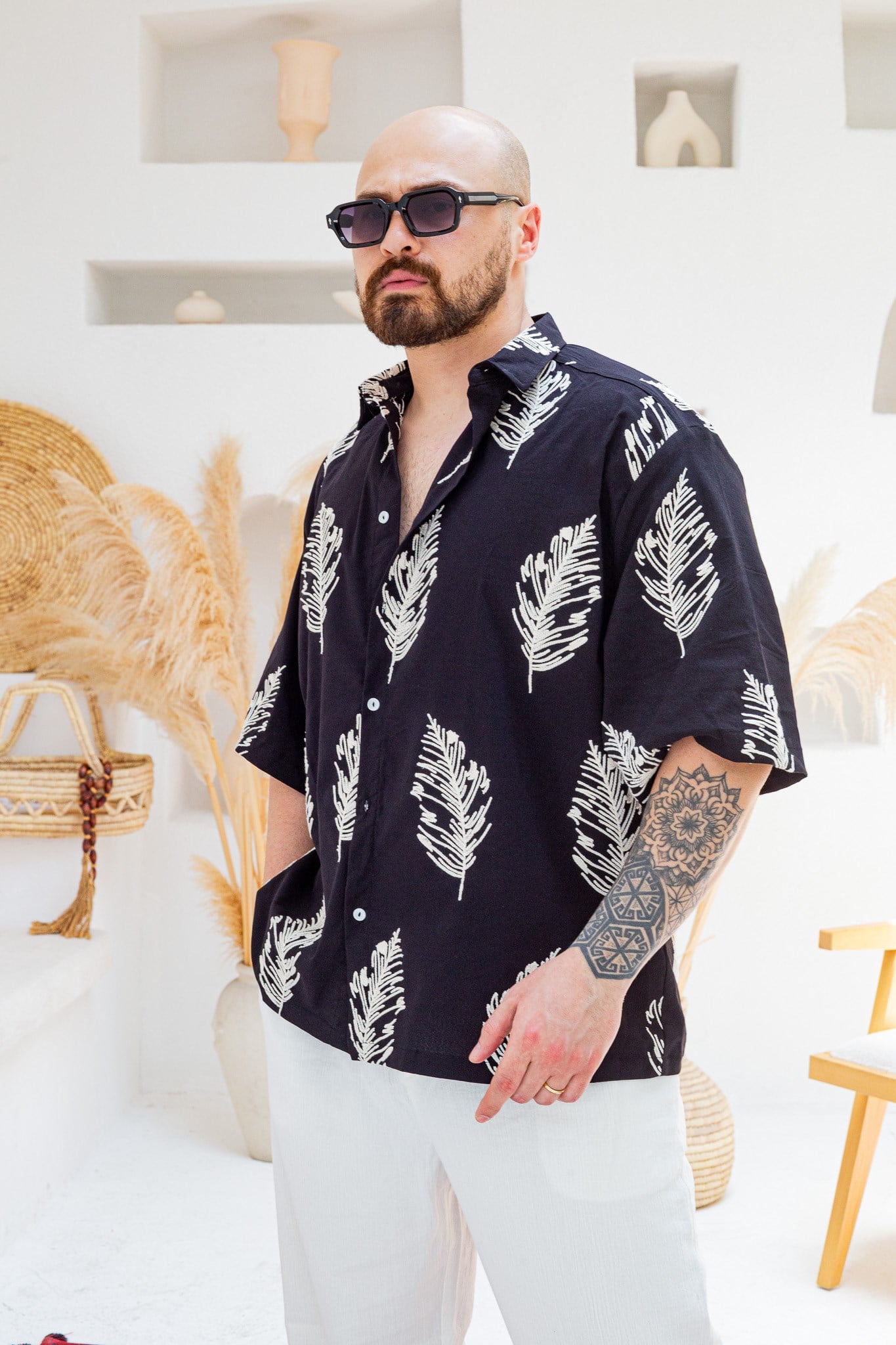 Yaprak Nakış Detaylı Keten Oversize Gömlek (GMS130)