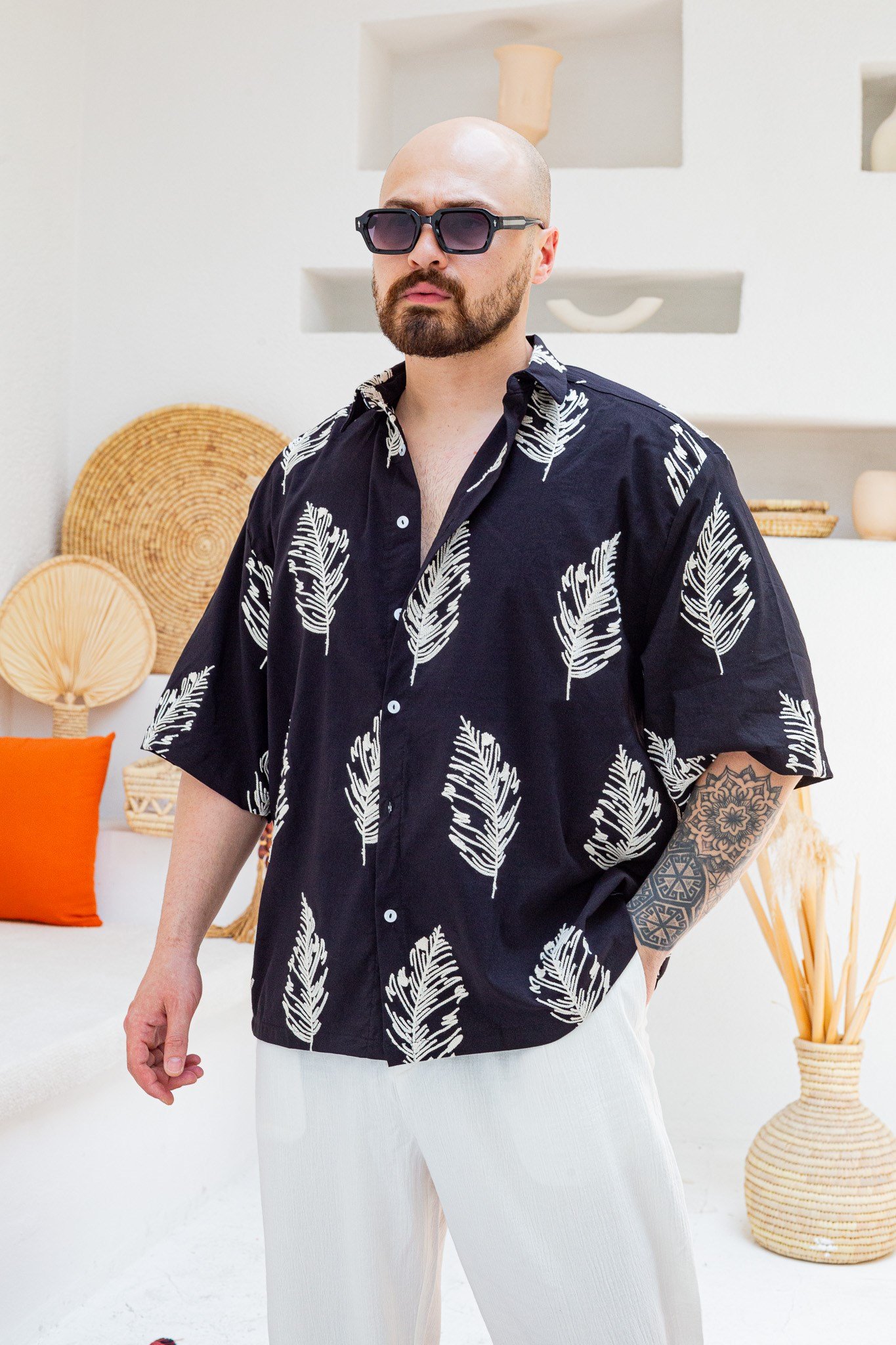 Yaprak Nakış Detaylı Keten Oversize Gömlek (GMS130)