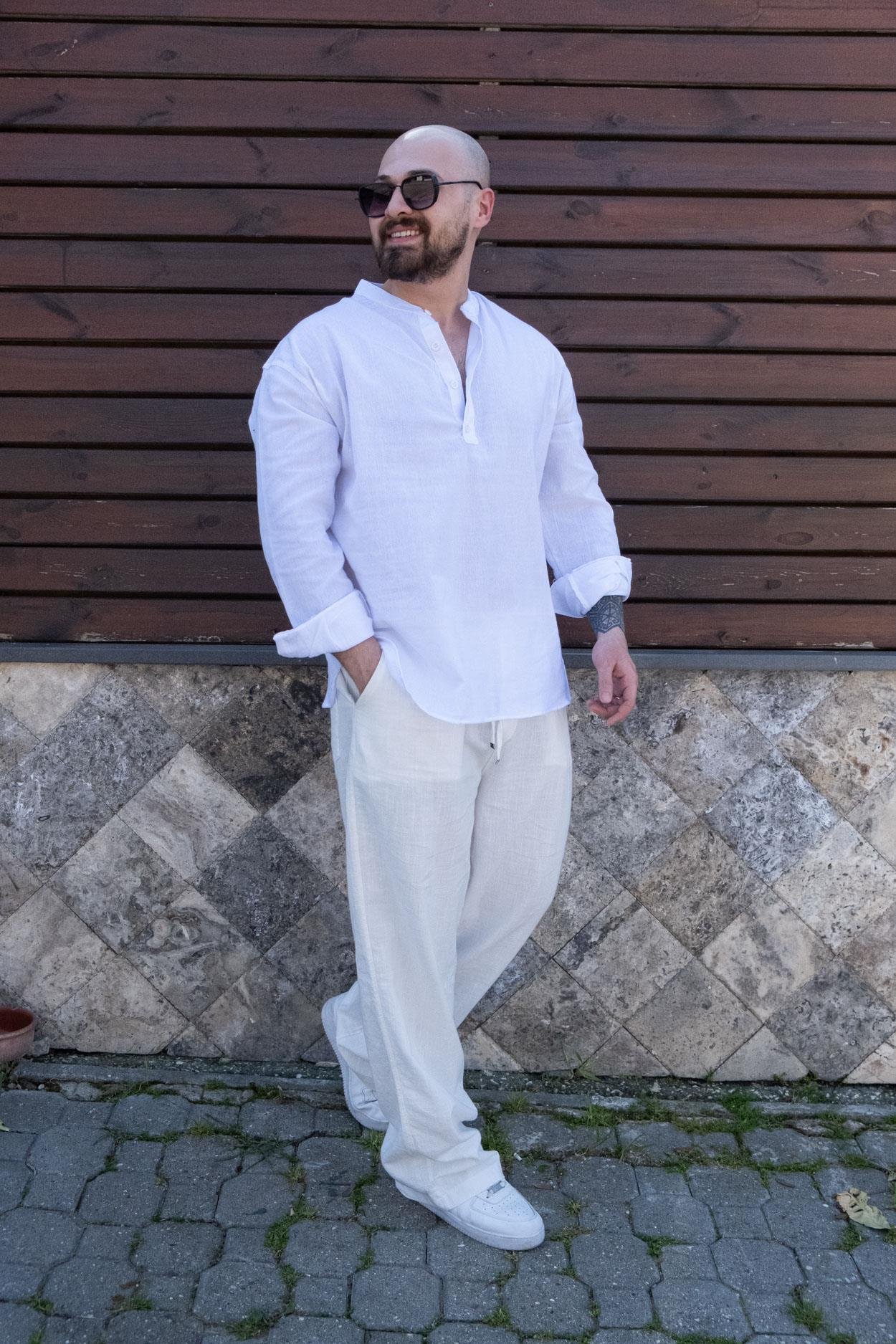 Yarım Dğpmeli Rahat Kalıp Keten Gömlek (GMB12)