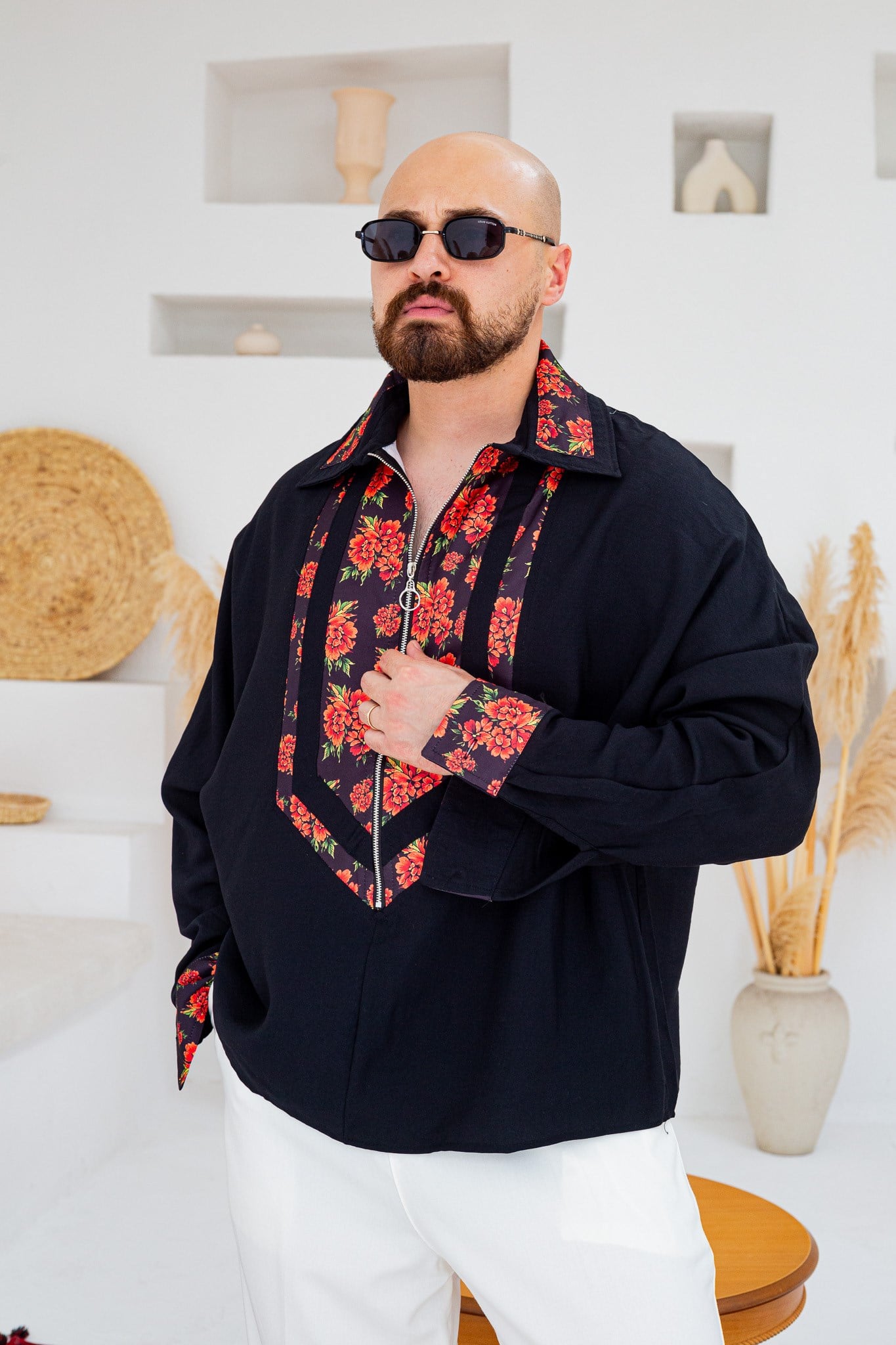 Yarım Fermuarlı Çiçek Desen Garnili Oversize Gömlek (GMS141)