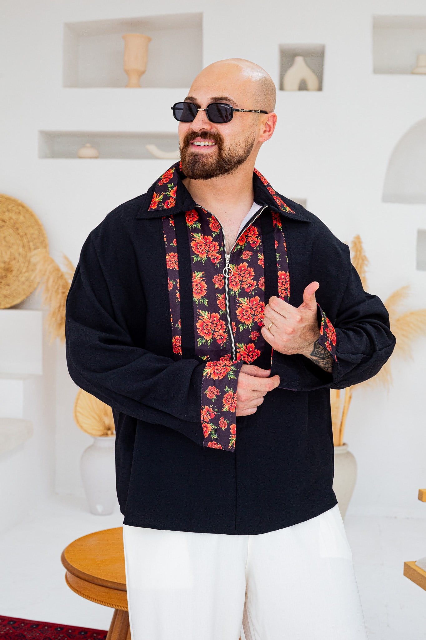Yarım Fermuarlı Çiçek Desen Garnili Oversize Gömlek (GMS141)