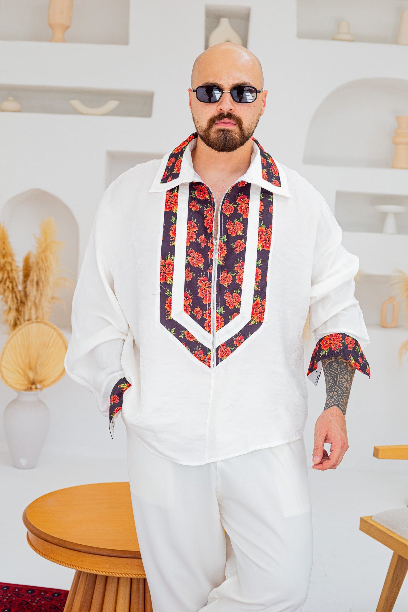 Yarım Fermuarlı Çiçek Desen Garnili Oversize Gömlek (GMB141)