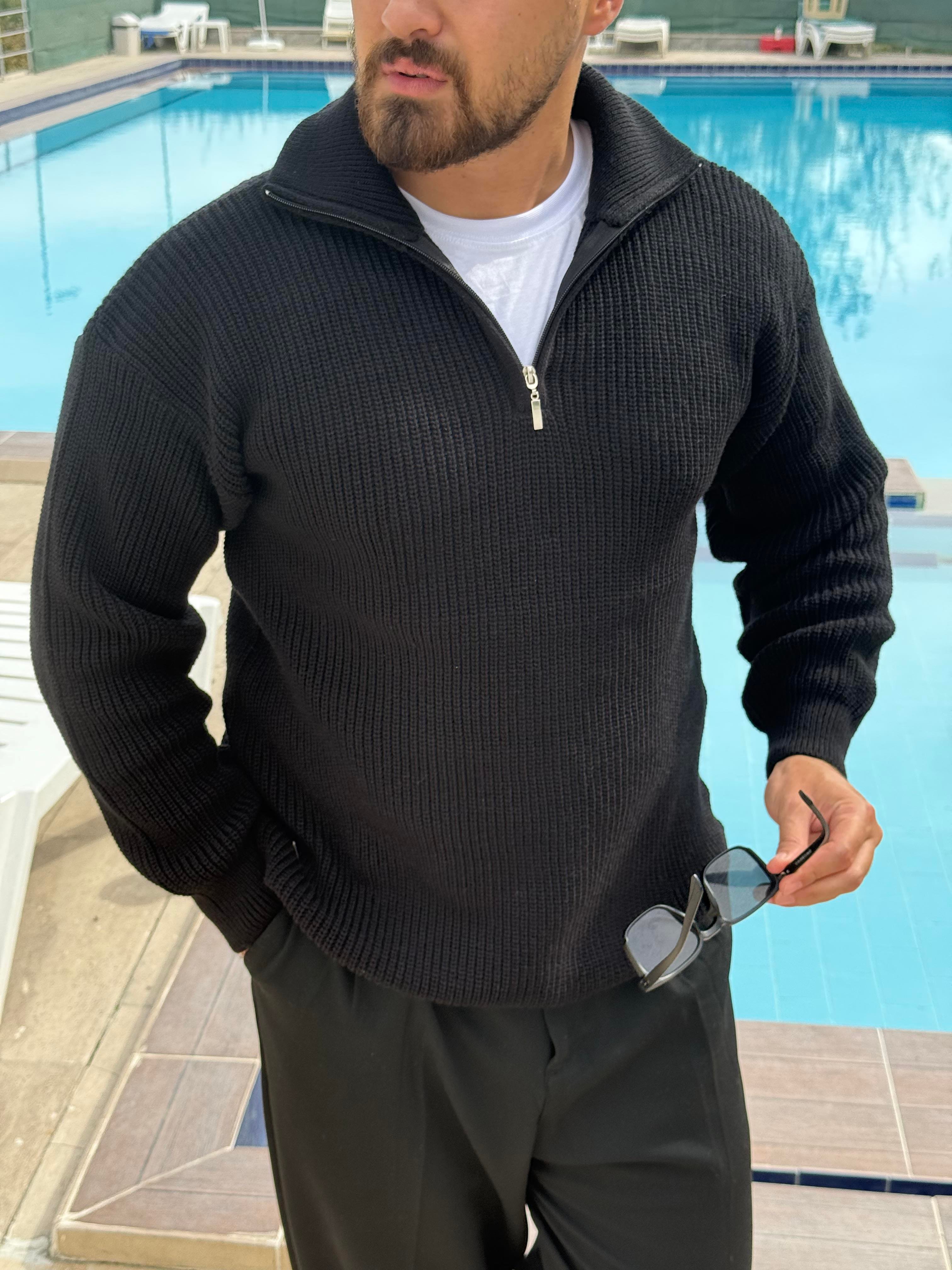 Yarım Fermuarlı Oversize Örme Kazak (SVTS48)