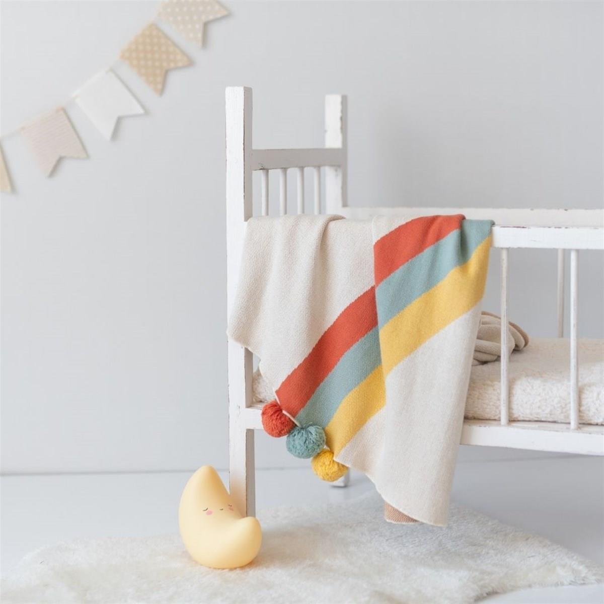 Mama-yoyo Organik İnce Bebek Triko Battaniye Rain-pompom Gökkuşağı