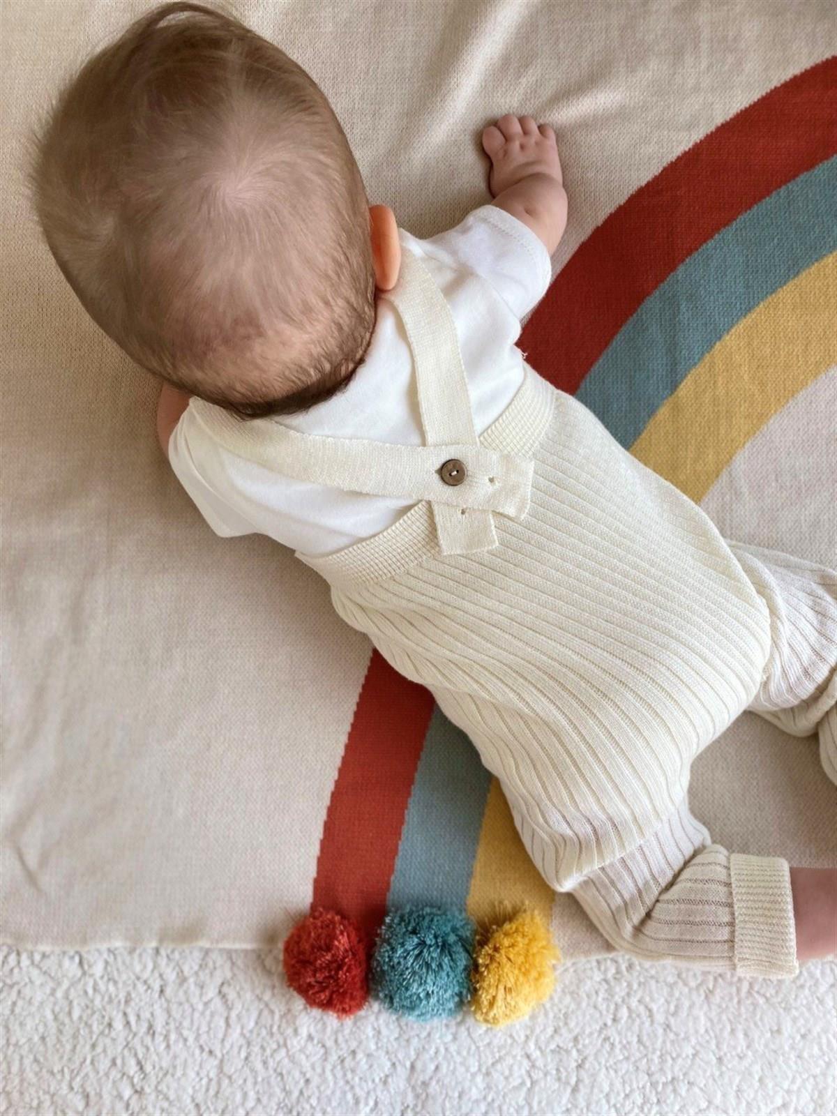 Mama-yoyo Organik İnce Bebek Triko Battaniye Rain-pompom Gökkuşağı