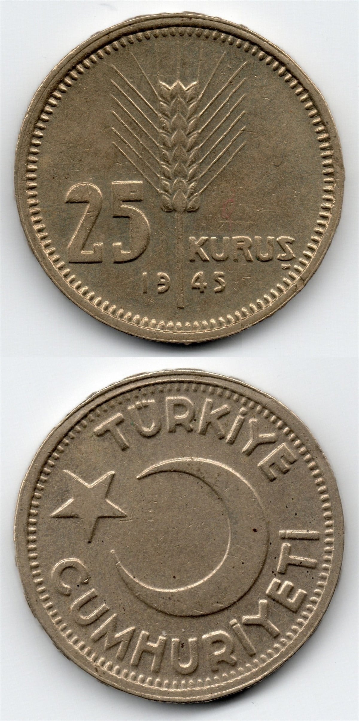 1958-1980 Dönemi Madeni Paraları25 Kuruş (1945) ÇİL Eski Madeni Para