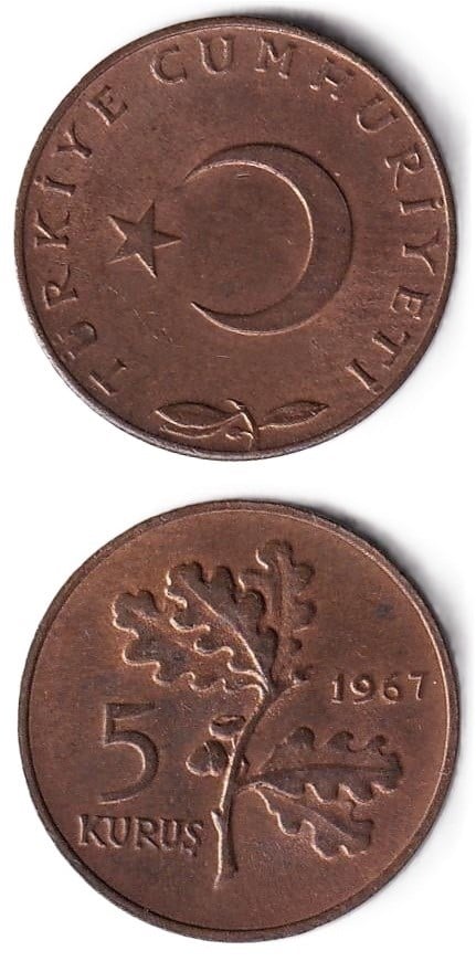 1958-1980 Dönemi Madeni Paraları5 Kuruş (1967) ÇİL