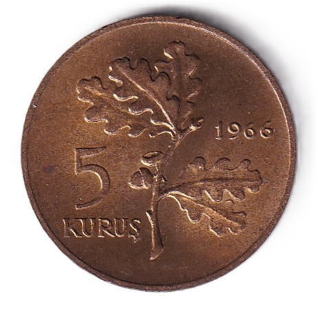 1958-1980 Dönemi Madeni ParalarıTürkiye, 5 Kuruş (1966) ÇİL Eski Madeni Para