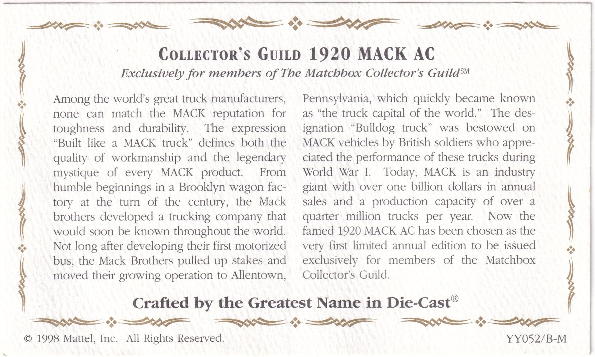 Collector SetMatchbox Collectibles 1920 Mack AC Box Truck Inaugural Edition 1998 (Sertifikalı)